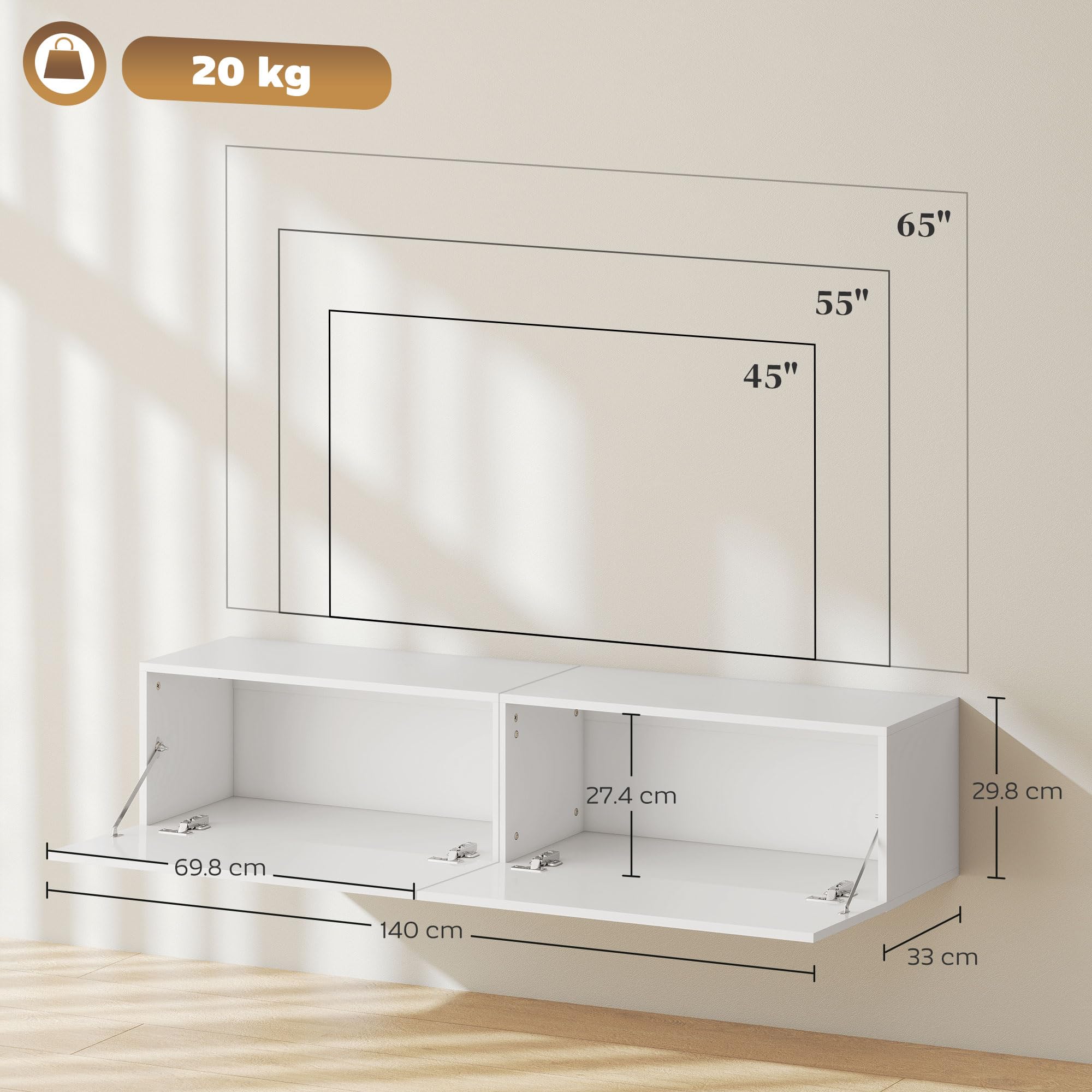 HOMCOM Mobile TV Sospeso per Televisori 45"-55"-65" Mobile Porta TV con 2 Armadietti con Ante a Ribalta per Salotto, Soggiorno e Camera da Letto 140x33x29.8 cm Bianco Lucido
