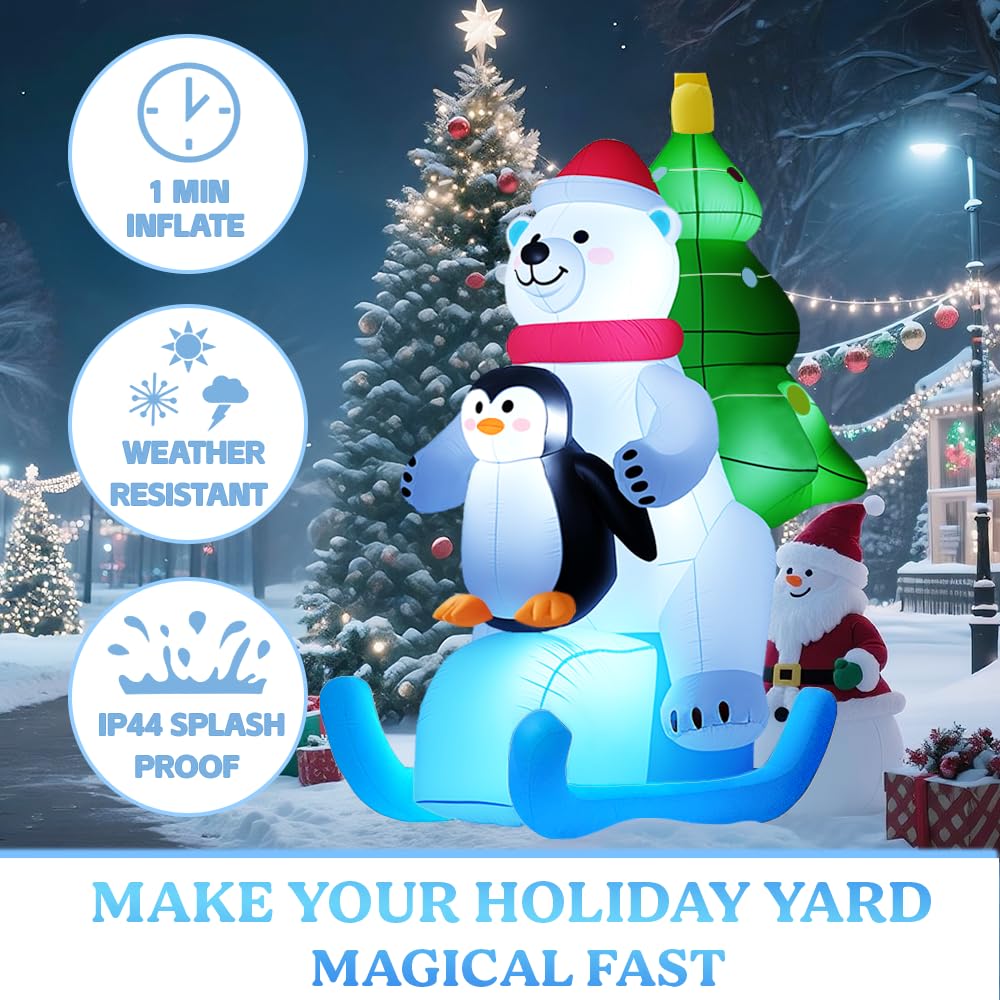 GARIG Ours blanc gonflable de Noël de 2,1 m avec pingouin - Décorations de jardin gonflables avec LED intégrées pour fête en plein air, cour, jardin