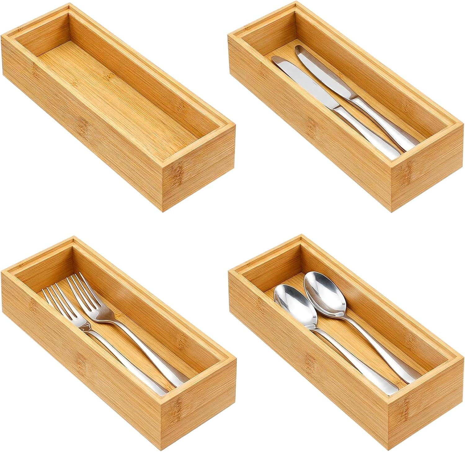 4 Pack Bamboo Drawer Organizer | Stackable Wooden Silverware Tray for Kitchen, Bathroom, and Office | Cutlley Holder & Gadget Storage Bin, 12" x 3" x 2" Natural Wood Finish