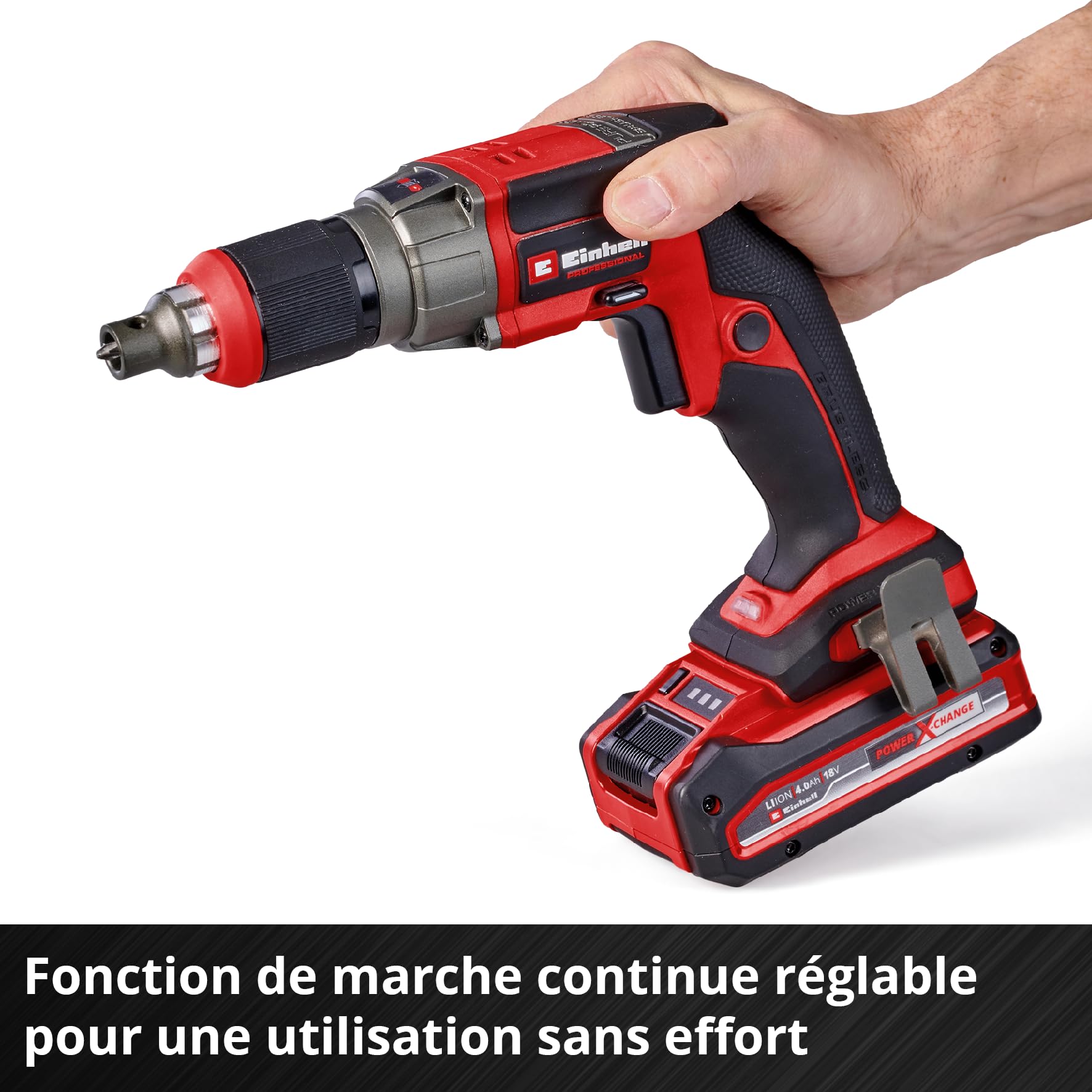 Einhell Professional Visseuse cloisons sèches sans fil TP-DY 18 Li BL-Solo Power X-Change (18 V, moteur sans charbon, butée de profondeur, fonction de marche continue, avec embout, sans batterie)
