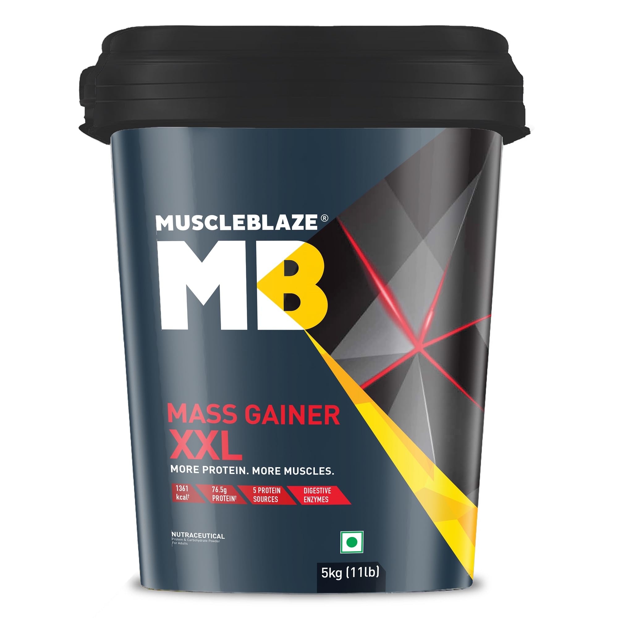 MuscleBlaze Mass Gainer XXL Powder, Chocolate (50 Servings, 5kg / 11lbs) | 18g Protein, 70g Carbs Per Scoop | With Complex Carbs, High Protein & Digestive Enzymes