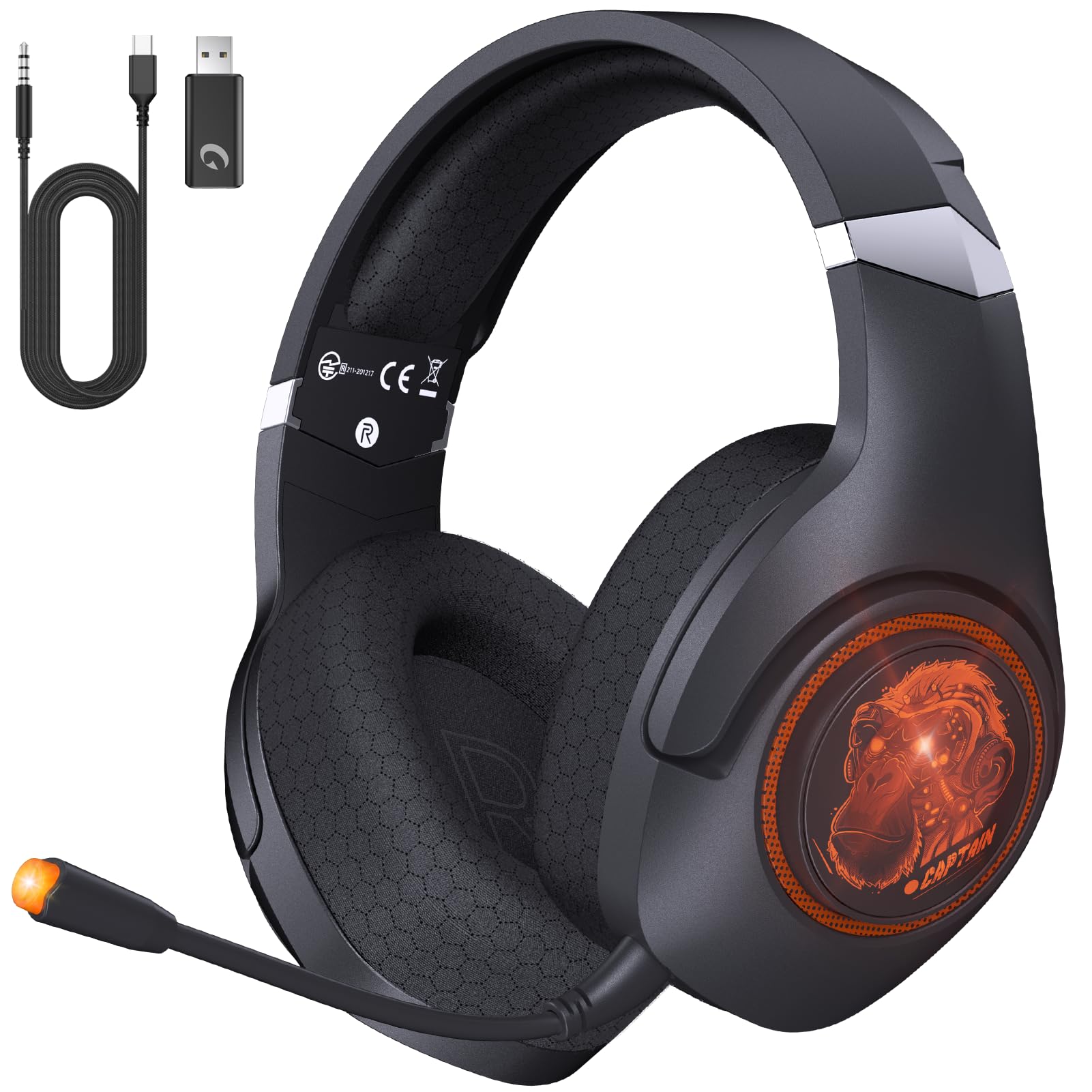 Wireless Gaming Headset, 2.4GHz Gaming Headphones Wireless with Noise Canceling Microphone for Fortnite/FPS Gamers, 40-Hr Battery Gamer Headset for PS5/4, Orange Chimpanzees