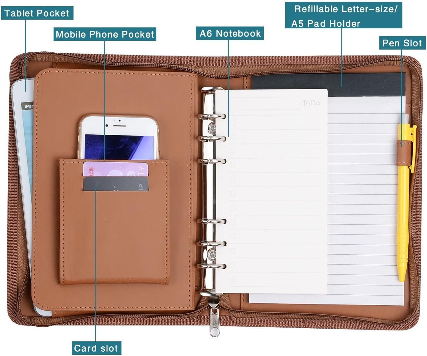 ONLVAN Professional Business Portfolio Padfolio Organizer With iPad Mini, Tablet Holder, Zipper, Card Holders, Pen Holder, Document Folde (Brown/(9×6.7×1.6inch))