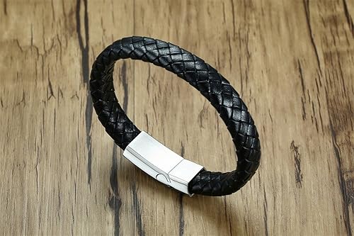 Miniatura 4 de VNOX Grabado gratis brazalete de acero inoxidable de cuero genuino con alerta médica para hombres y mujeres, 8.3 pulgadas, Cuero, Sin gema