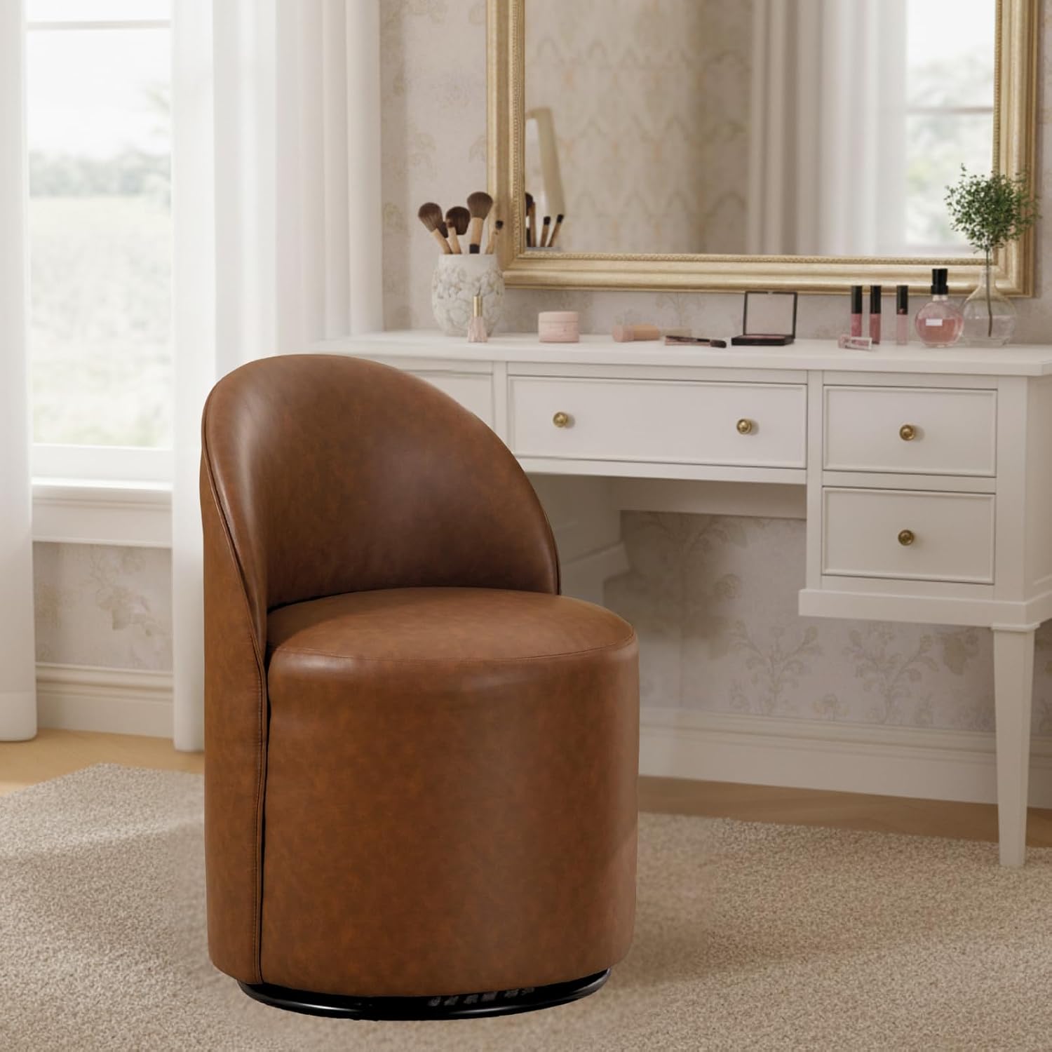 Modern Barrel Dining Chairs Set of 6, Swivel Base Khaki Accent Chair 360°Rotating Vanity Chair Mid-Century Dining Side Chair Kitchen Chair for Living Room, Bedroom, Home, Office, Kitchen