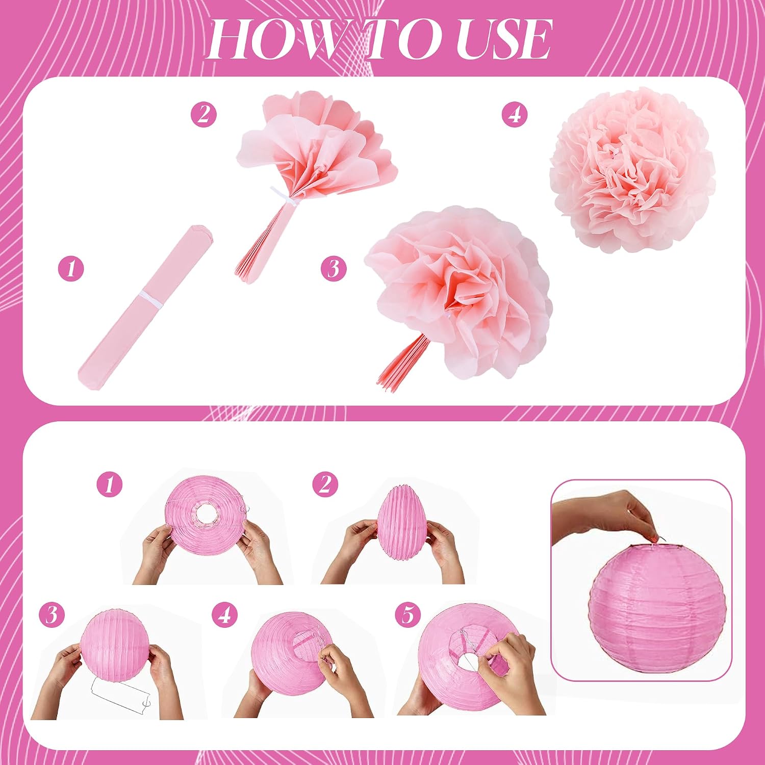 BEISHIDA Pink White Tissue Hanging Paper Flowers Lanterns Party Decorations Set for Birthday Graduation Baby Shower Bridal Bachelorette Wedding Photo Booth Backdrops Party Supplies(18 Packs)