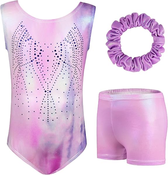 AOOWU Ensemble Gymnastique, 3PCS Justaucorps Gymnastique Enfant Brillant Couleur Dégradée avec Short et Bandeau, Costume Patinage Artistique Danse Ballet, Tenue de Spectacle Danse Latine Fille 5-8 Ans - 1