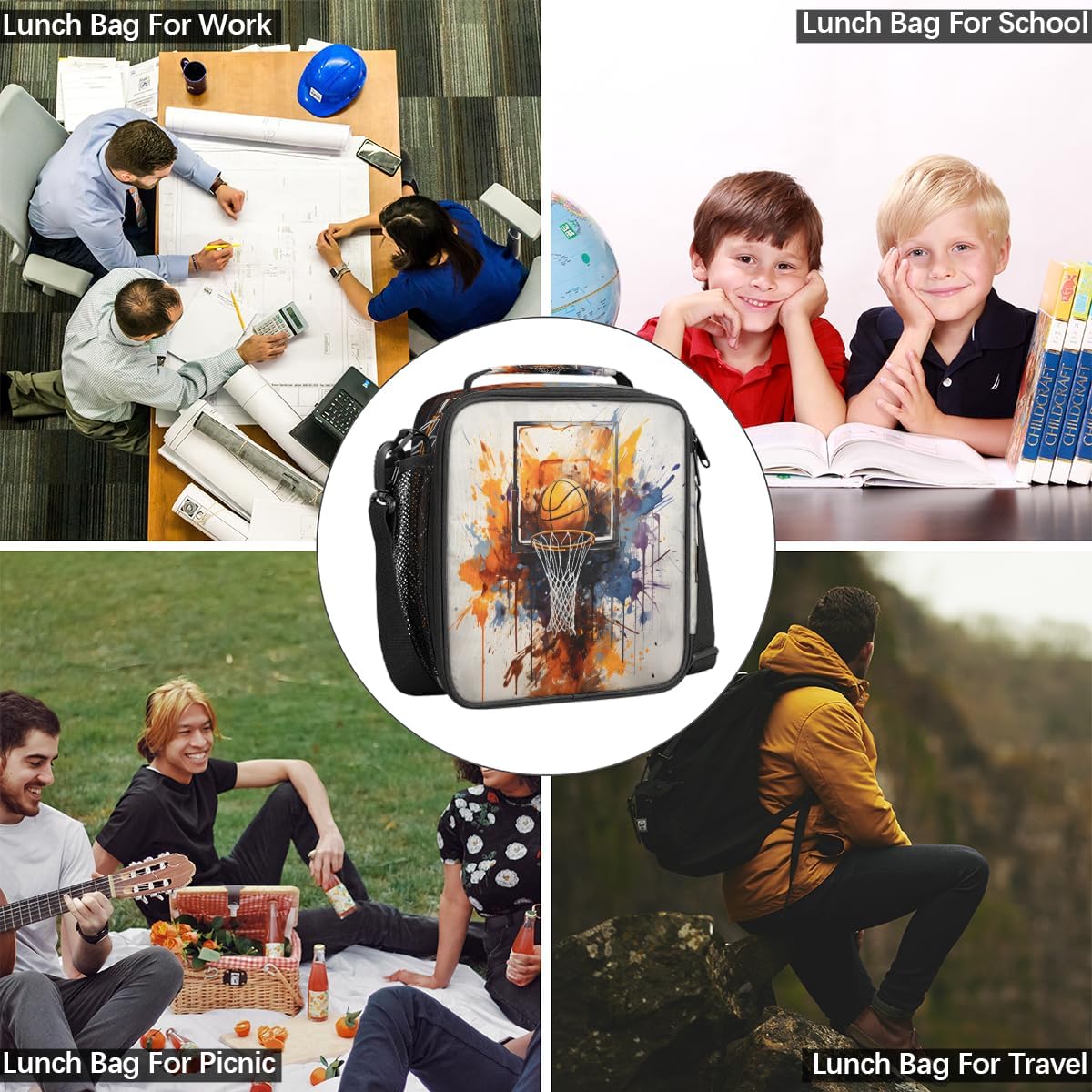 Pardick Lunch Box for Kids Watercolor Sport Basketball Lunch Bag for Girls Boys Insulated Freezable with Adjustable Shoulder Strap, Cooler Tote Bag for School Travel Picnic Beach - Image 5