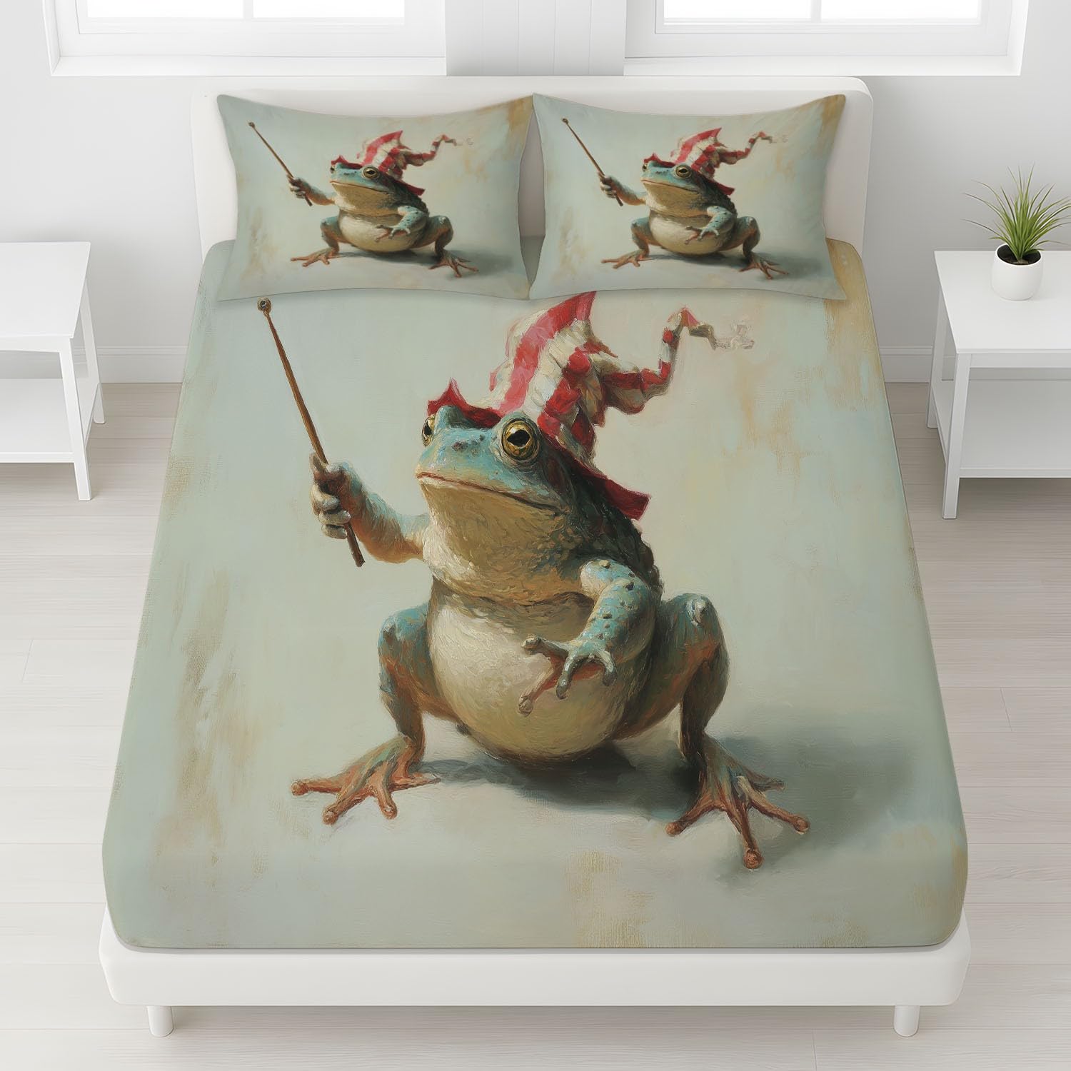 Sabana Bajera 180 x 200 cm 3 Piezas + 2 Fundas 50 x 75 cm, Se Adapta a Colchones de hasta 30 cm, Microfibra Suave, Transpirable, Antiarrugas, Beige, Pintura Al Óleo Animal Rana