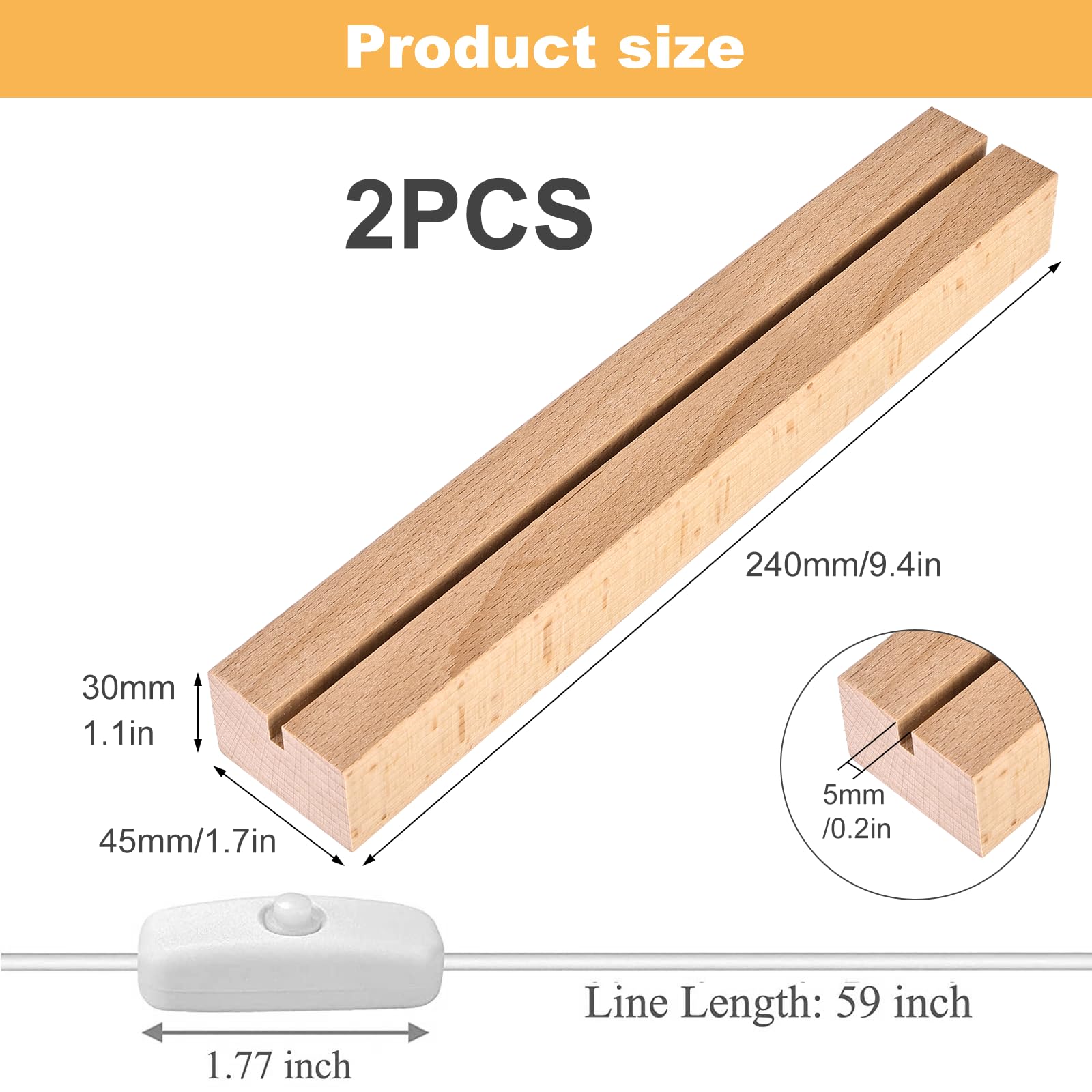Vegena 2 basi per display a LED, base in legno con luce a LED, base rettangolare in legno con USB per piastra in acrilico, piastra in vetro (24 cm di lunghezza, bianco caldo)