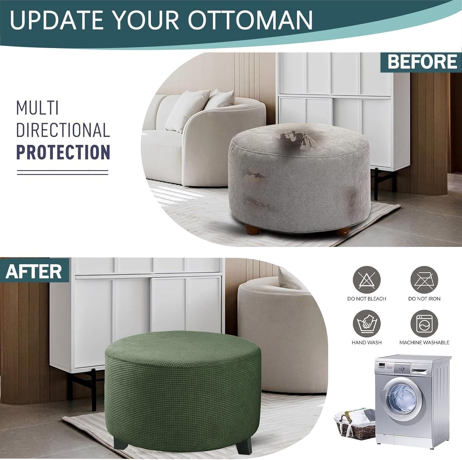 Round Ottoman Covers Slipcover Stretch 24 30 36 28 in - Small/Large/Extra Large Stool Covers Slipcovers Footstool Protector Covers with Elastic Bottom(Dark Green,41" D x 41" W x 18" H)