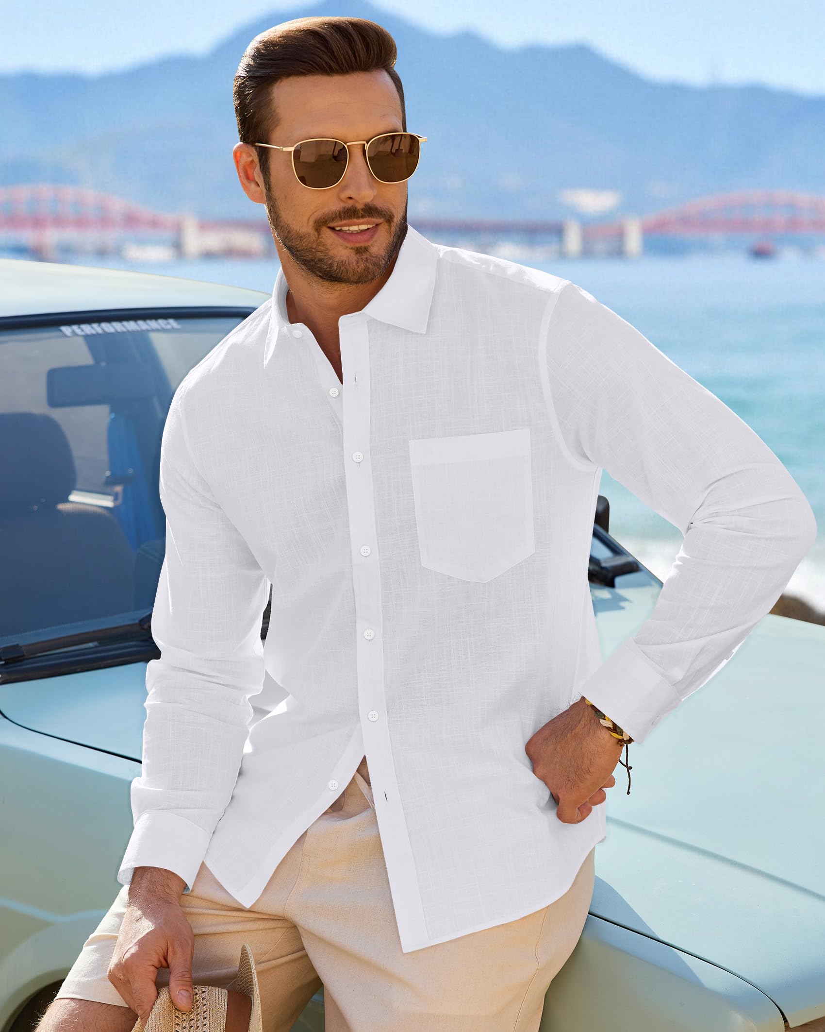 J.VER Leinenhemd Herren Langarm Leichtes Sommerhemd Einfarbig Business Freizeithemd Party Club Reisen Alltägliche Leinen Shirt mit Taschen