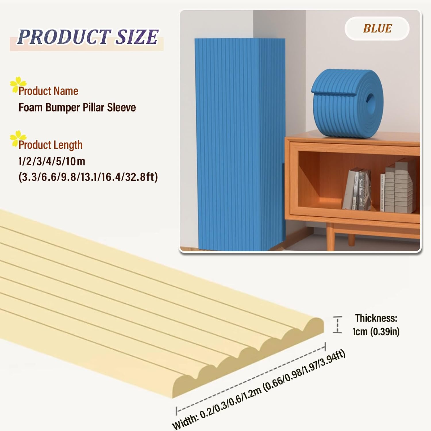 Self-Adhesive Foam Column Wrap for Metal Poles, Protective Padding for Garage, Gym & Playground - Blue, 1.2m x 10m, Soft Cushioning for Safety
