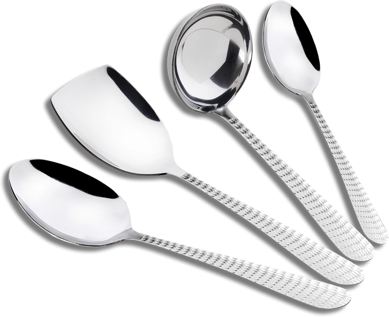 Axiom Serving Tools Stainless Steel 4 Piece Heavy Gauge Non-Stick Set Of 1 Soup Ladle (Karchi), 2 Solid Spoon (Chamcha) And 1 Rice Spoon For Serving Soup/Curry/Dal/Rice/Pasta - 24 Cm