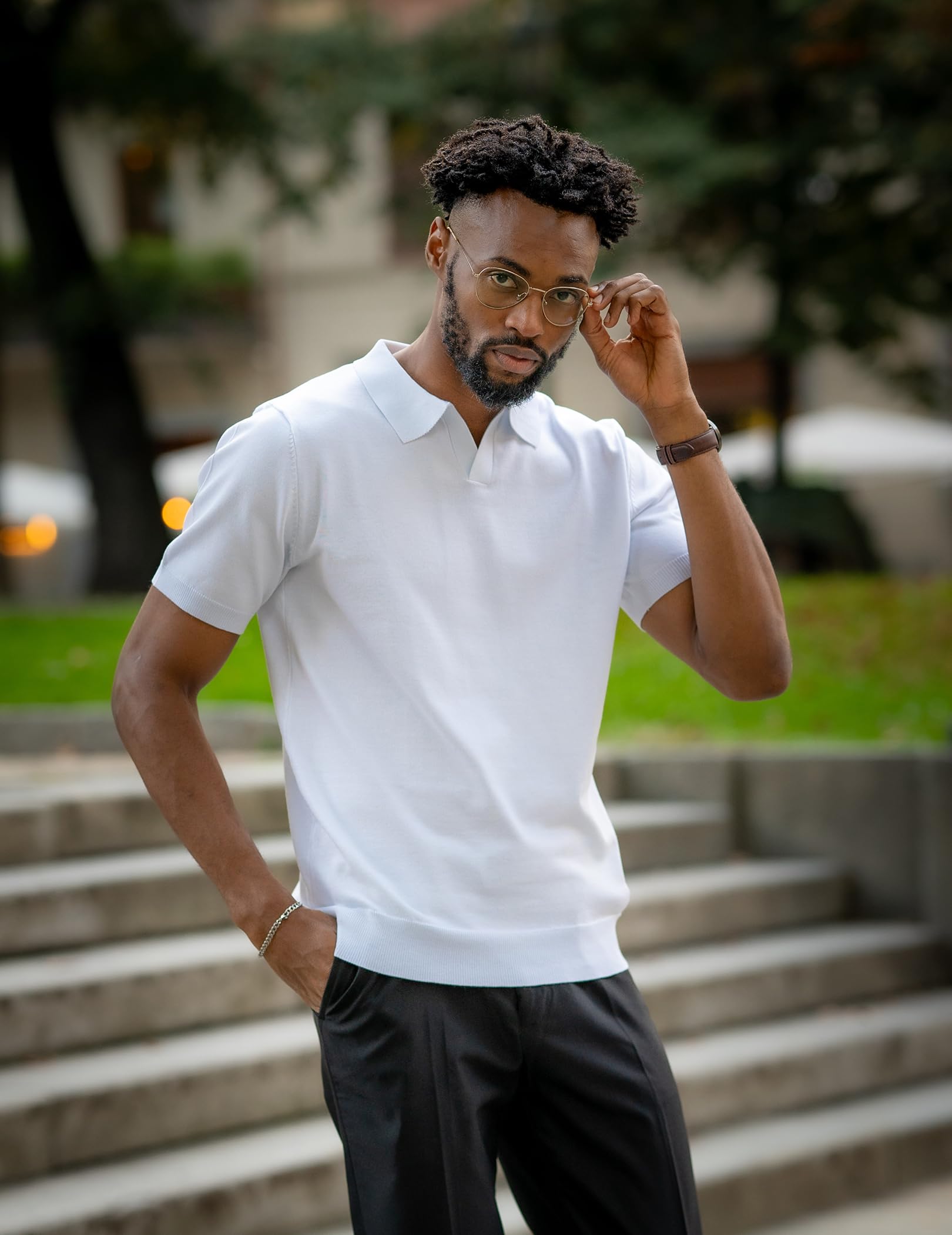 COOFANDY Polo da uomo in maglia con scollo a V, maniche corte, polo elasticizzata casual da golf