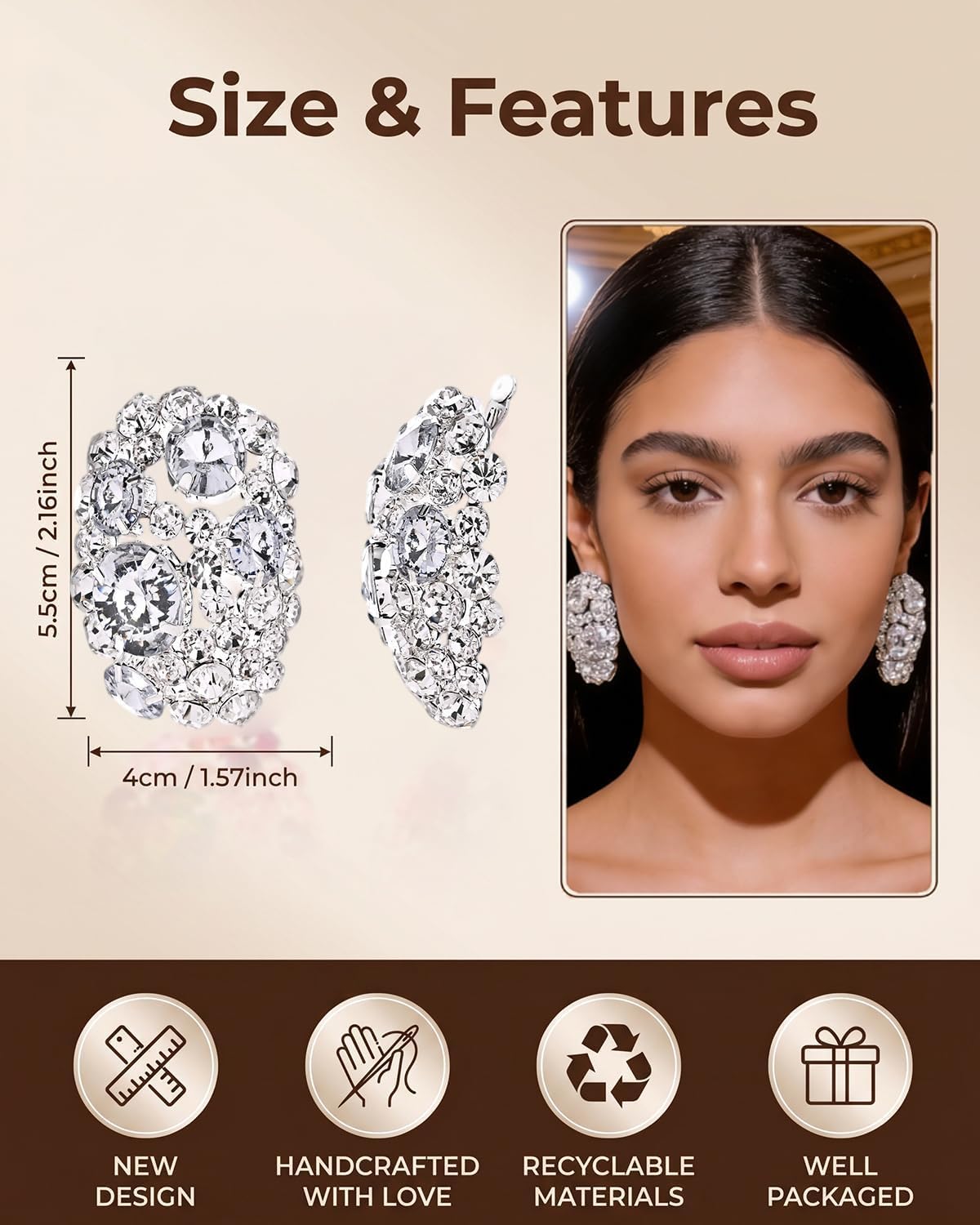 STONEFANS Clip On Earrings for Women Large Sparkly Rhinestone Clip On Earrings Non Pierced Statement Earrings for Prom Wedding Party Bridal Prom Pageant Jewelry Gift