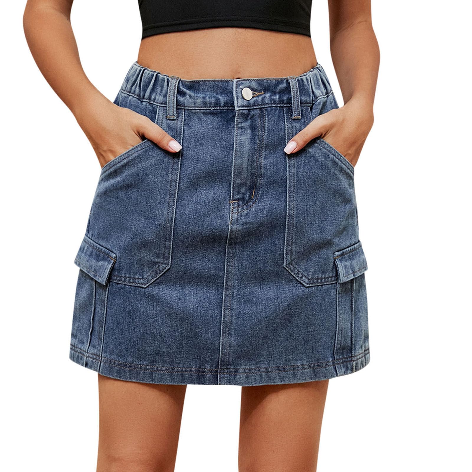 Womens Denim Mini Skirt High Waisted Short Jean Skirts Ladies Casual Cargo Skirt with Pockets Summer Classic Workwear Streetwear Cowgirl Skirts