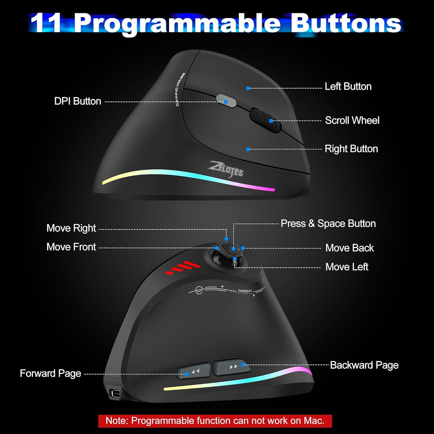TRELC Wireless Gaming Mouse with 5 D Rocker, 24000 DPI/11 Programmable Buttons, Ergonomic Mouse for 2 Devices Connection (BT+2.4GHz), Vertical Rechargeable Mice for PC/Laptop/E-Sports/Gamer (Black)