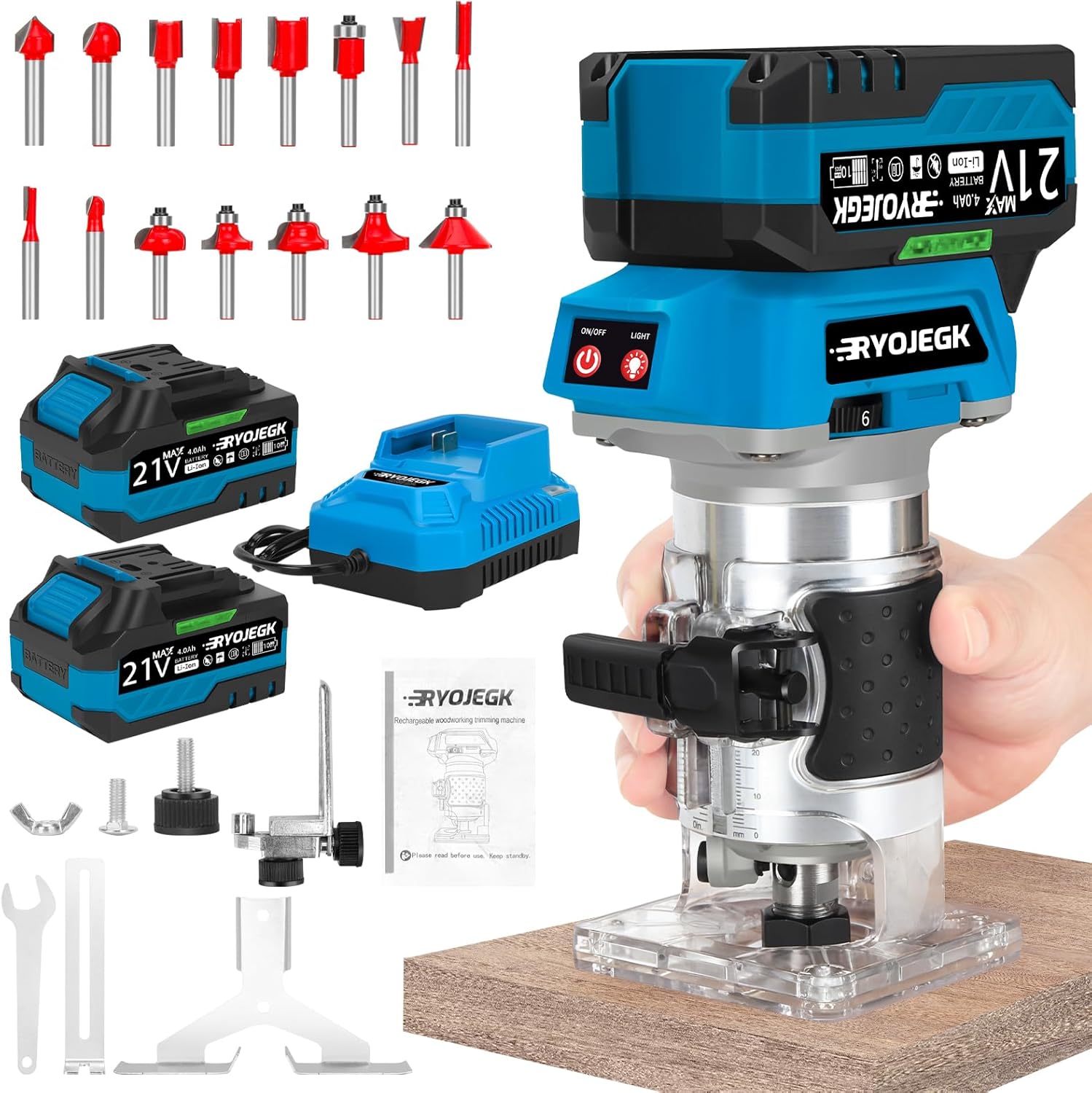 RYOJEGK Cordless Wood Router Tool,21V Brushless Palm Router with 2 x 4.0Ah Battery,Compact Trim Router 6-Speed with 15 PCS 1/4" Bits LED,Fresadora Para Madera for Woodworking Slotting & Edging