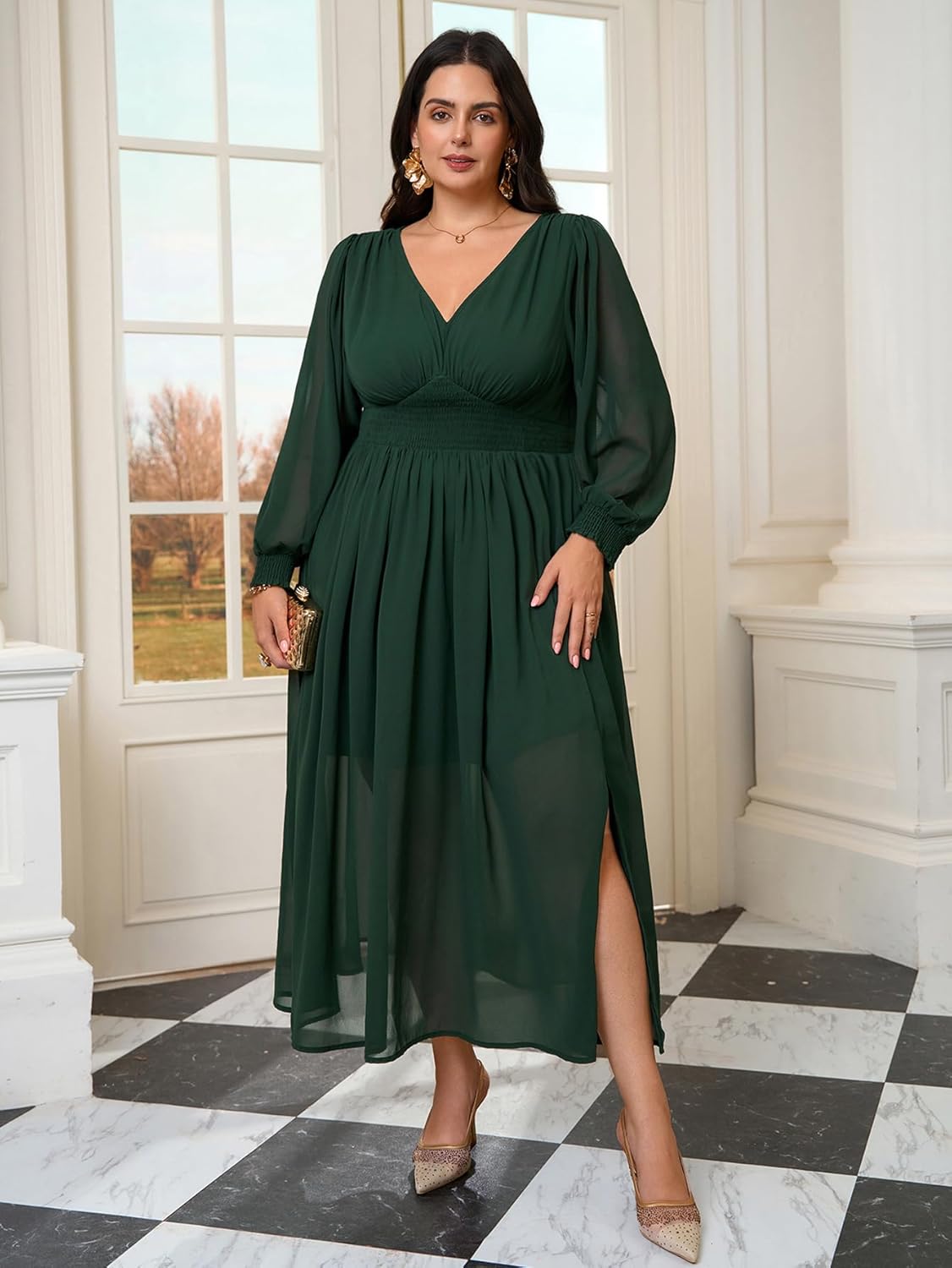 SCOMCHIC Womens Plus Size Formal Dresses Chiffon Wedding Guest Long Sleeve V Neck Smocked Flowy Slit Maxi Dress - Image 2