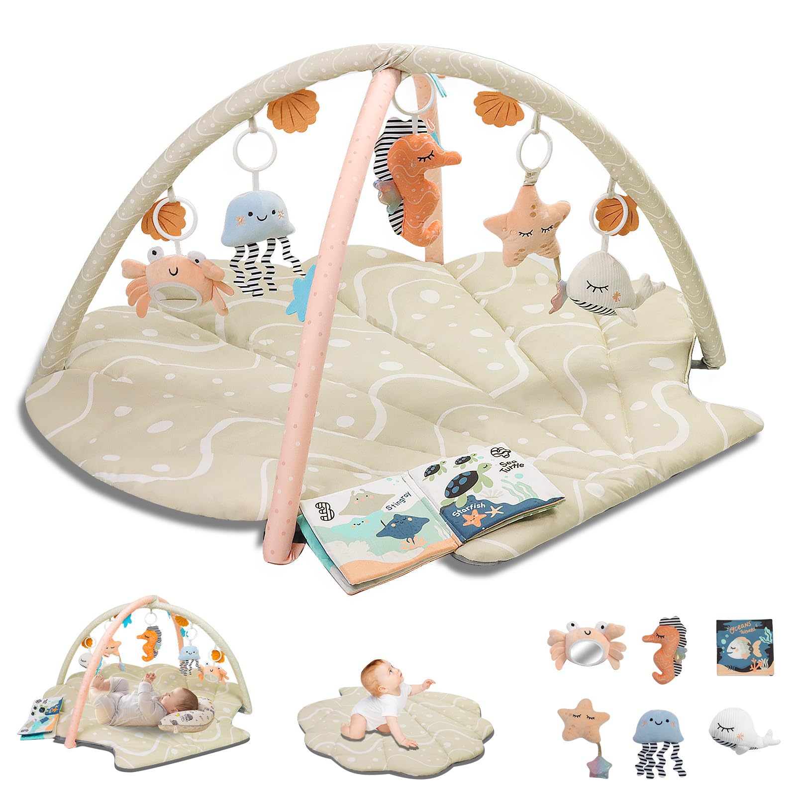 Baby Play Mat, Ocean Shell Theme Playmats & Floor Gyms, Baby Play Gym with 6 Detachable Activity Toys, Early Sensory Development Play Mat for Infant & Newborn (Beige)