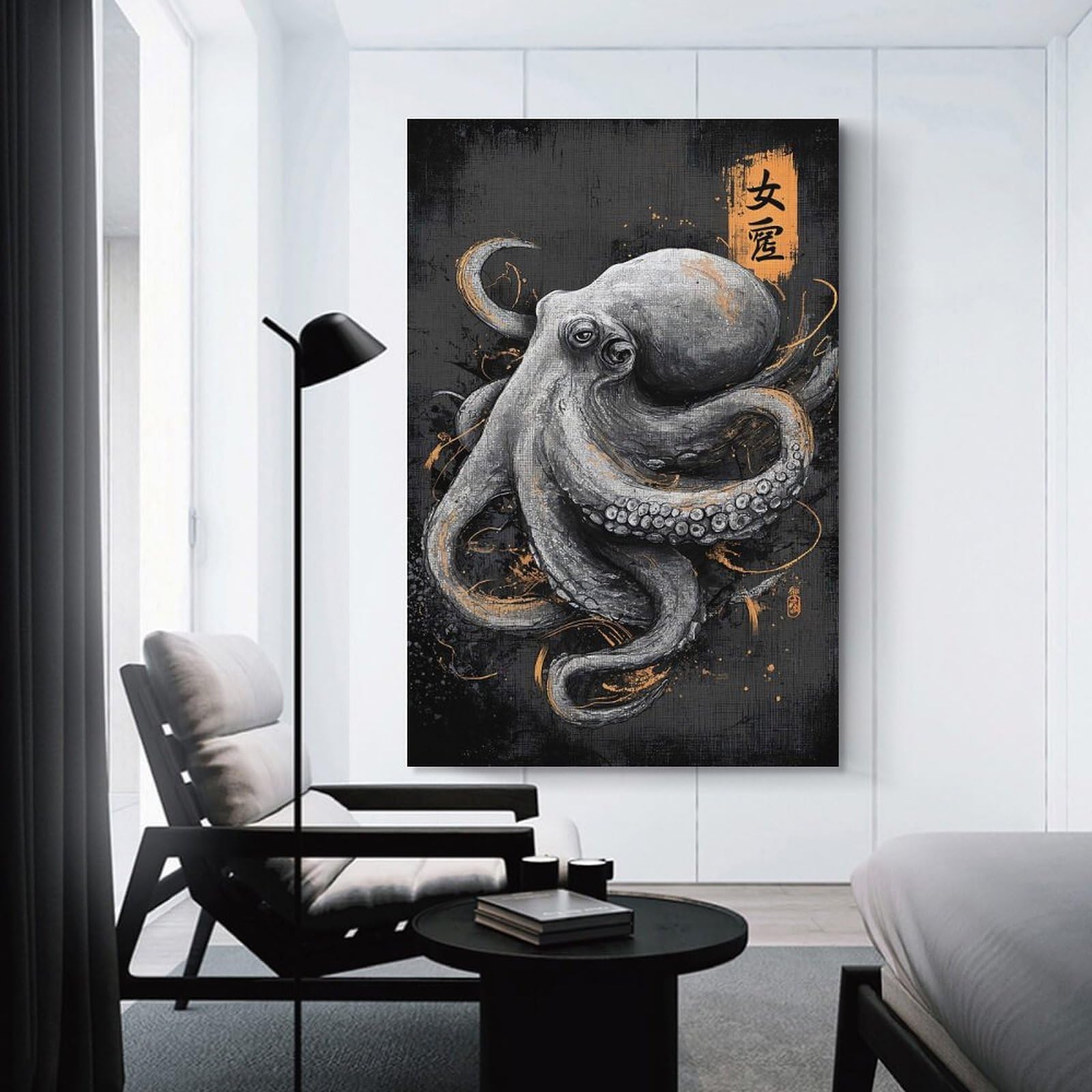 Junmoney Unframe-Style-13 Canvas Wall Picture Octopus Illustration With Japanese Text, 20X30inch(50X75cm), For Bedroom, Lounge Or Dressing Area, Stylish Decor For A Restful Room Update