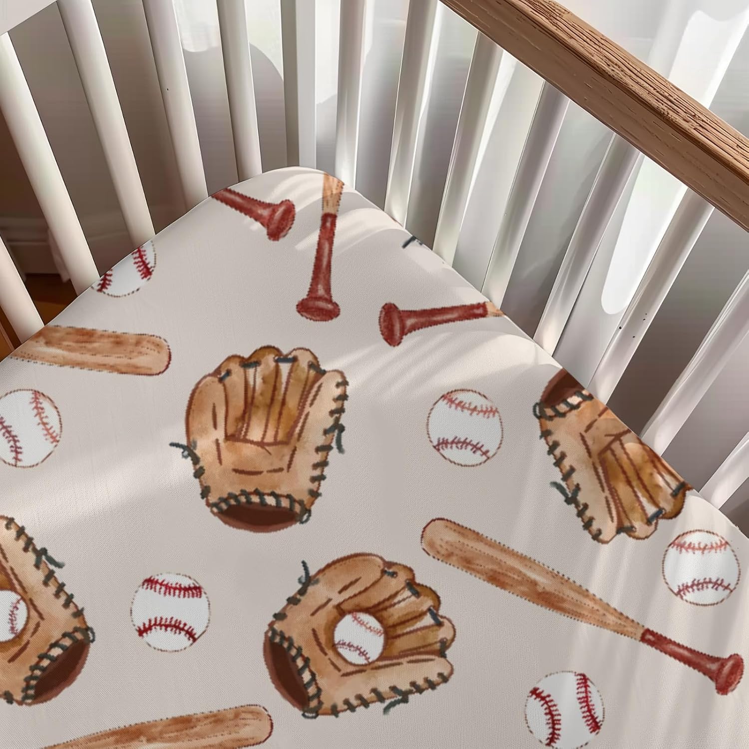 Watercolor Baseball Gloves Pattern Baby Sheets for Crib, Unisex Sport Theme Nursery Fitted Bed Sheet for Boys Girls Standard Crib and Toddler Mattress-28x52