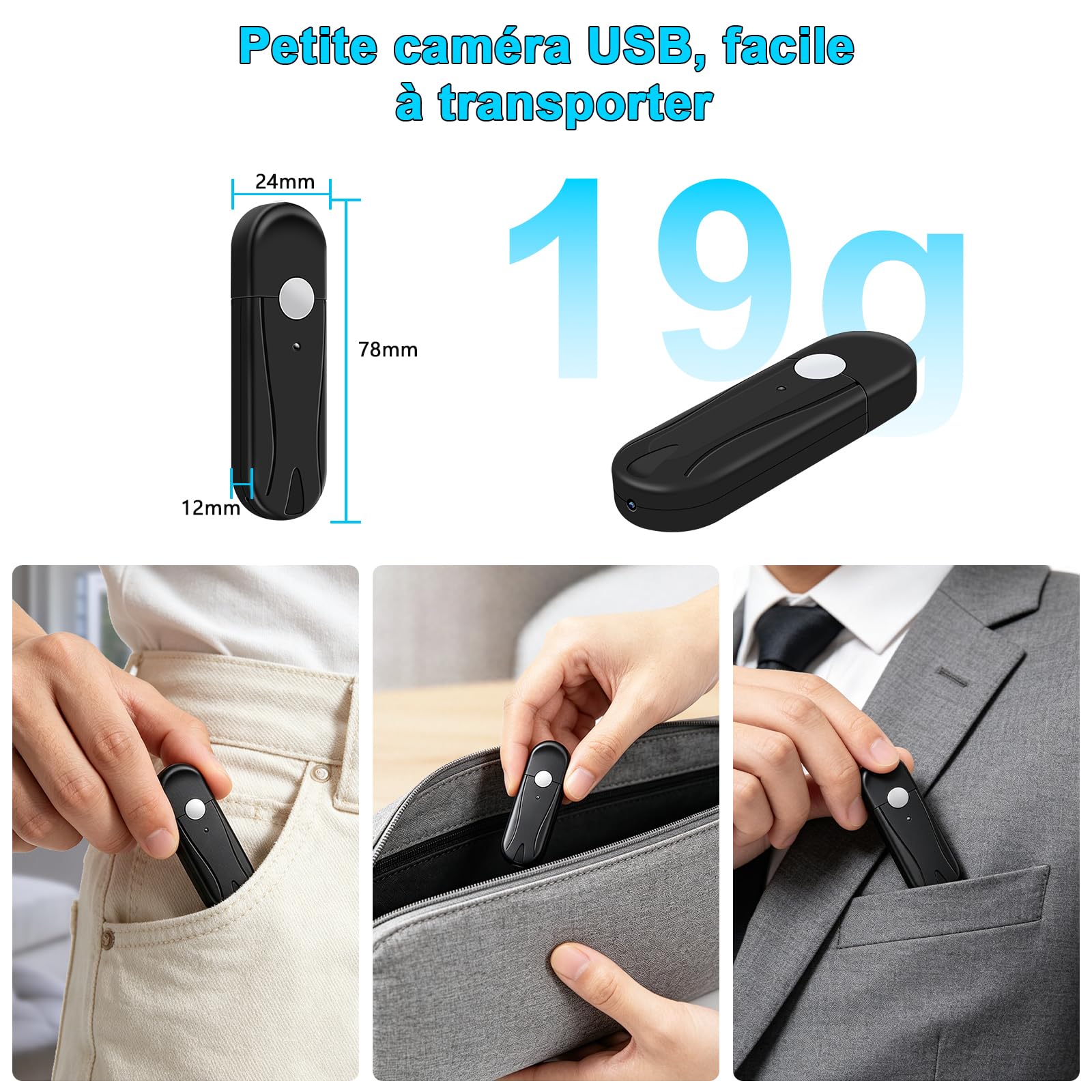 Caméra Espion,Mini Camera Cachée sans Fil Clé USB,Mciro HD 1080P Caméra de Surveillance avec Détection de Mouvement aux pour Réunions et à Une Utilisation en Activités en Plein air