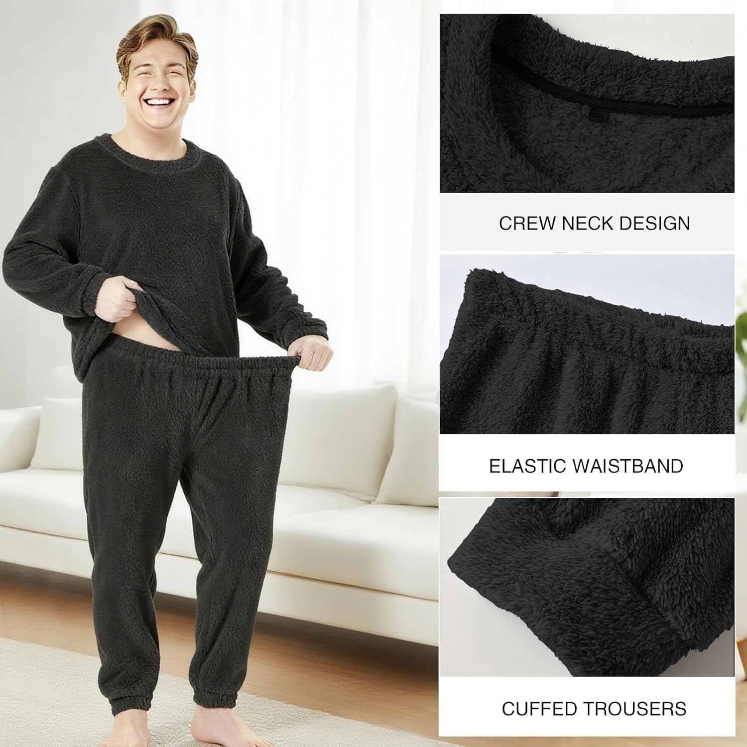Mens Big and Tall Fleece Pajamas Set Pullover Pants Fluffy Plush Warm Loungewear Crewneck Sleepwear XL-9XL