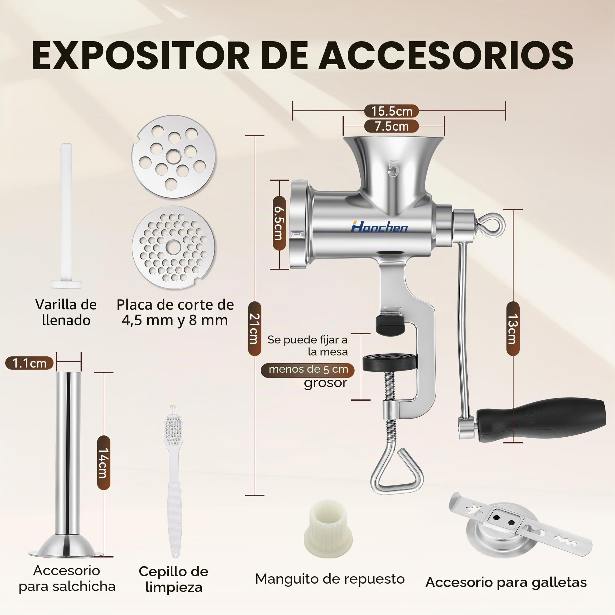 Hanchen Picadora de carne manual de acero inoxidable Nº 5, picadora de carne con relleno de salchichas, máquina de carne manual con placas de corte de 8 mm y 4,5 mm
