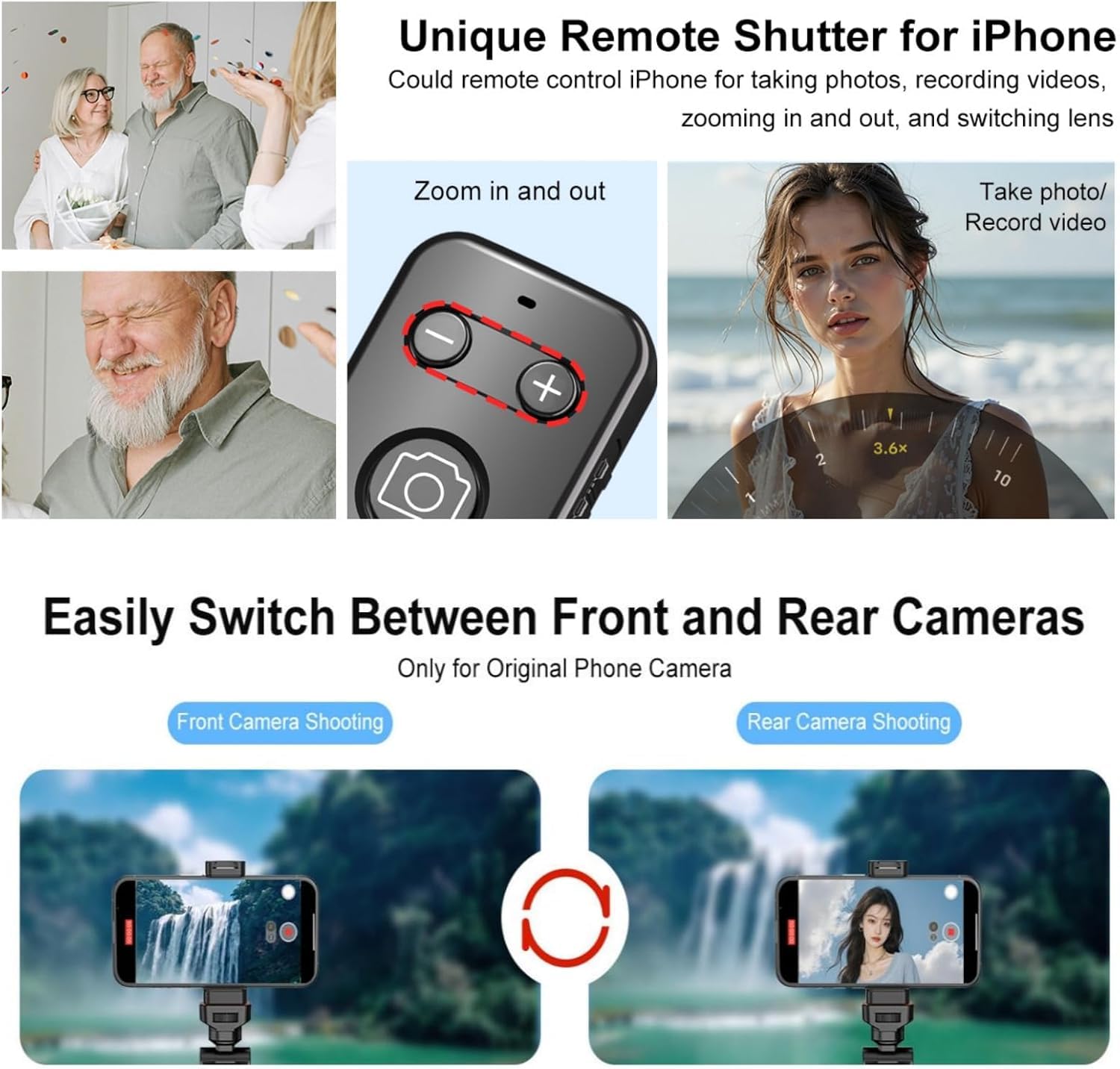 Newmowa Télécommande sans fil Bluetooth pour prise de vue vidéo/zoom/changement d'objectif sur iPhone, télécommande rechargeable pour selfies vlogs, compatible avec iPhone(iOS 15 Above,NOT for iOS 26)