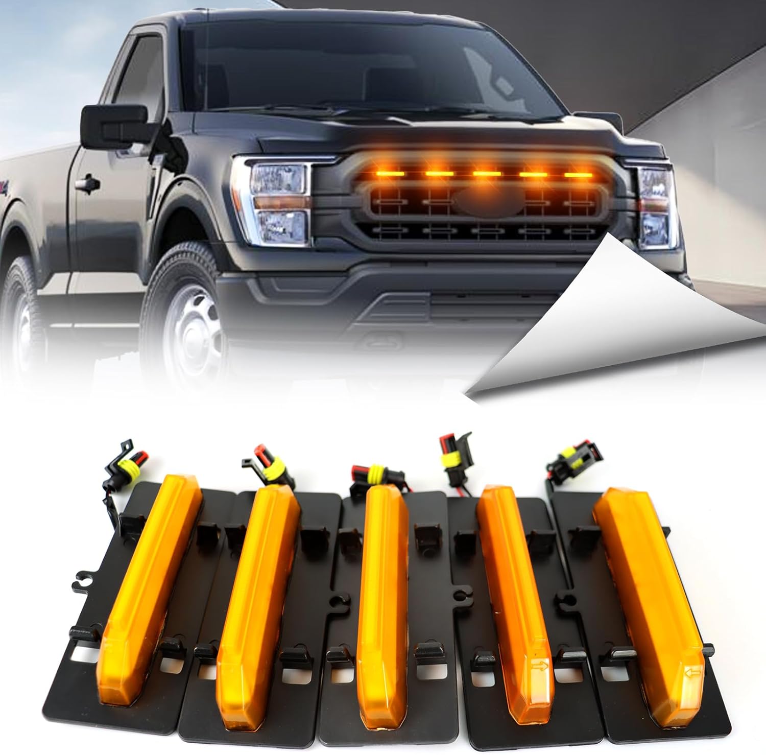 LED 5pcs Front Grille Lights Compatible with 2021 2022 2023 F150 XL/XLT/XLT Sport Wiring Upgrade Grill Lamp Amber Daytime Running Light Accessories (Amber)