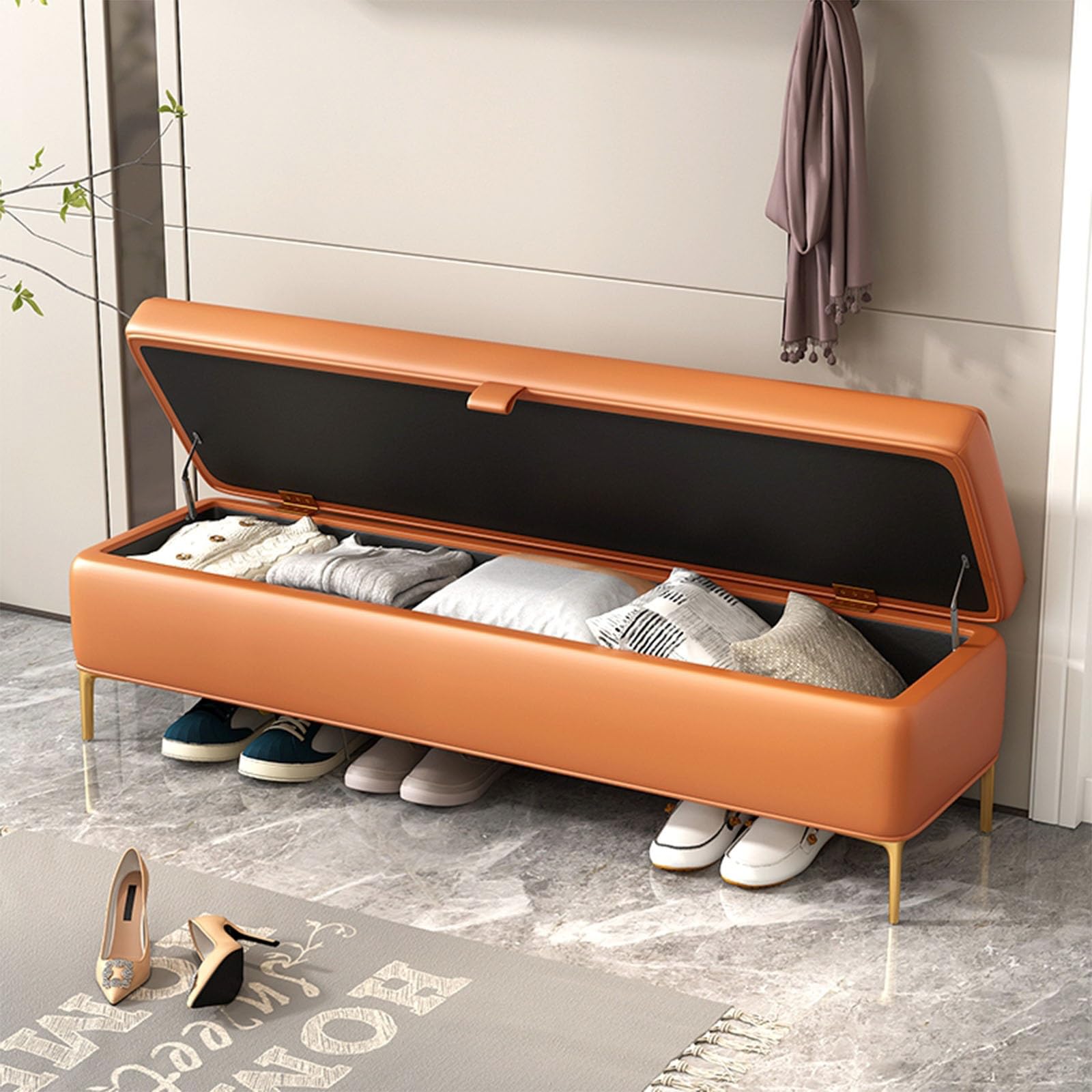Banc de rangement à chaussures orange 80cm avec siège en cuir PU pour entrée