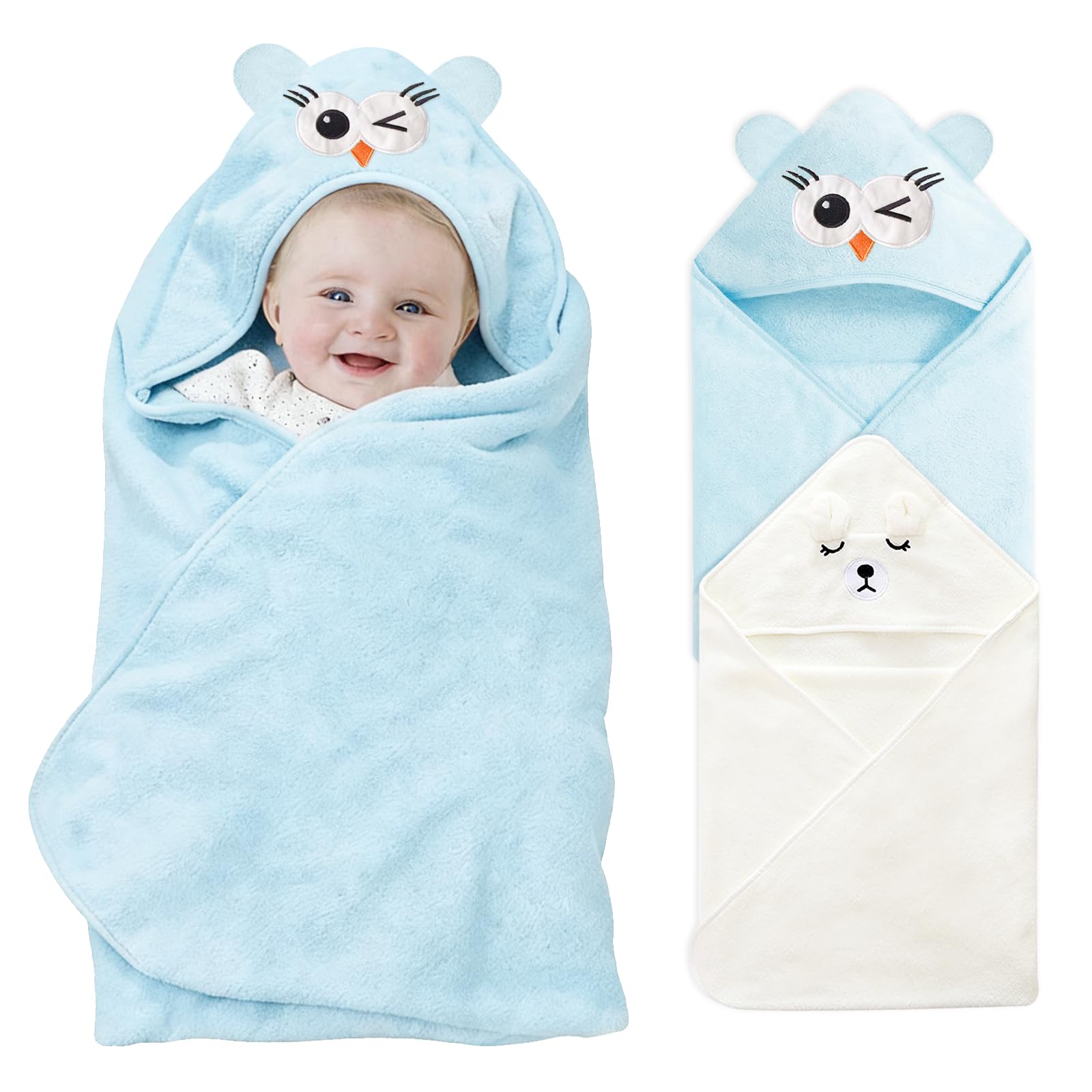 2Stück Baby Handtuch Kapuze, Kapuzenhandtuch Weich Baby Badetuch Super saugfähig Bademantel für Babys und Kleinkinder,Weißer Bär und blaue Eule(80x80 cm)