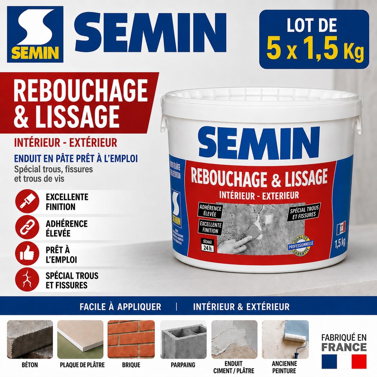 SEMIN Enduit de Rebouchage- 5 X 1,5 kg – Spécial Fissures & Trous de Vis – Intérieur/Extérieur – Prêt à l’Emploi – Haute Adhérence – Finition Lisse – Rebouchage Murs & Plafonds
