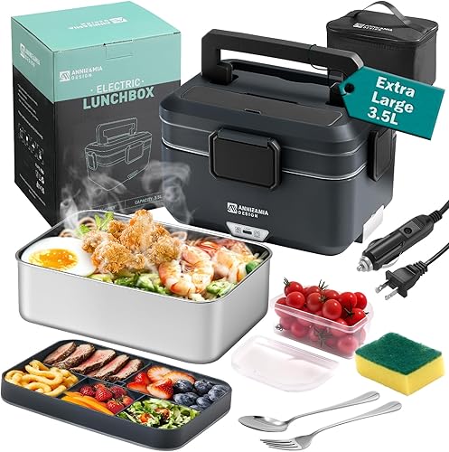 Miniatura 10 de Annie & Mia Design Fiambrera eléctrica para adultos, 100 W, 3.5 L, calentador de alimentos portátil de 2 capas, modo dual de 2.5 L + 1 L, lonchera