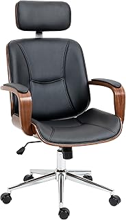 Vinsetto Silla de Oficina Ergonómica Silla de Escritorio Giratoria de Cuero PU con Reposacabezas Extraíble Altura Ajustable y Función de Inclinación 63x62x110-120 cm Negro