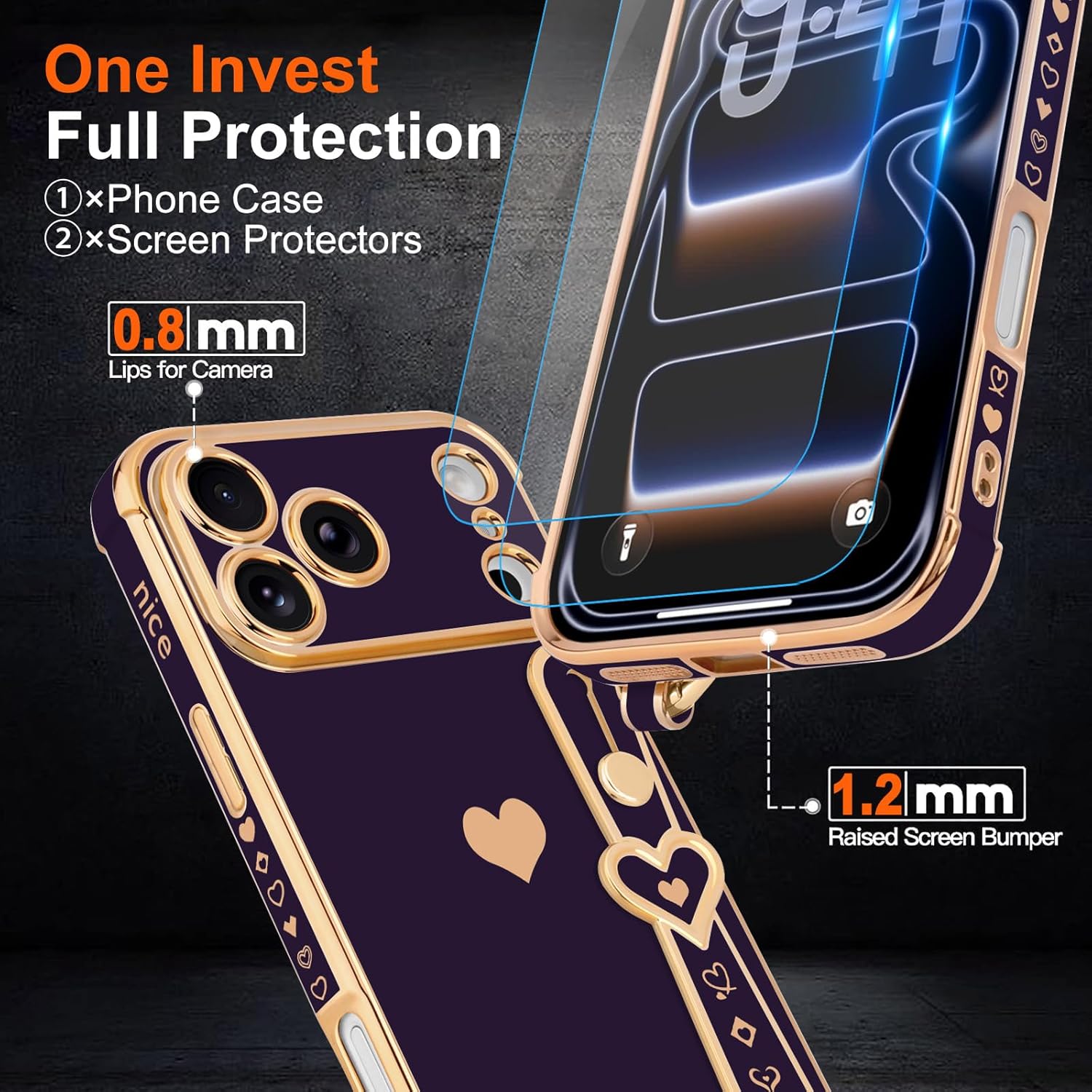 Compatible with iPhone 17 Pro Case with Strap for Women Girls [2× Screen Protectors], Cute Love-Hearts Design, Wristband Kickstand Plating Edge Protective Phone Case (6.3") - Dark Purple - Image 4