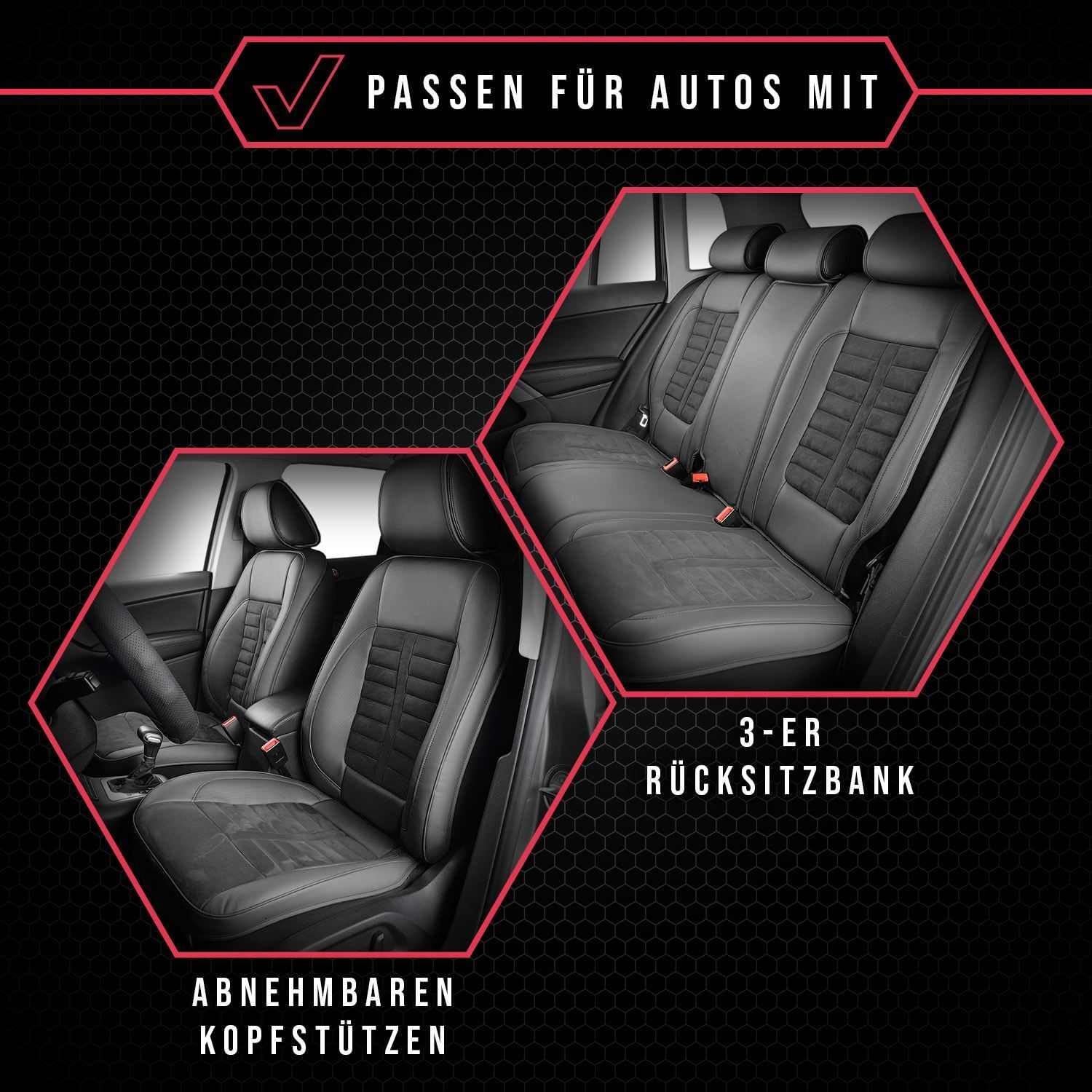 3er Set Saferide Autositzbezüge PKW universal | Auto Sitzbezüge Kunstleder Grau für Airbag geeignet | für Vordersitze und Rückbank | 1+1 Autositze vorne und 1 Sitzbank hinten teilbar 2 Reißverschlüsse