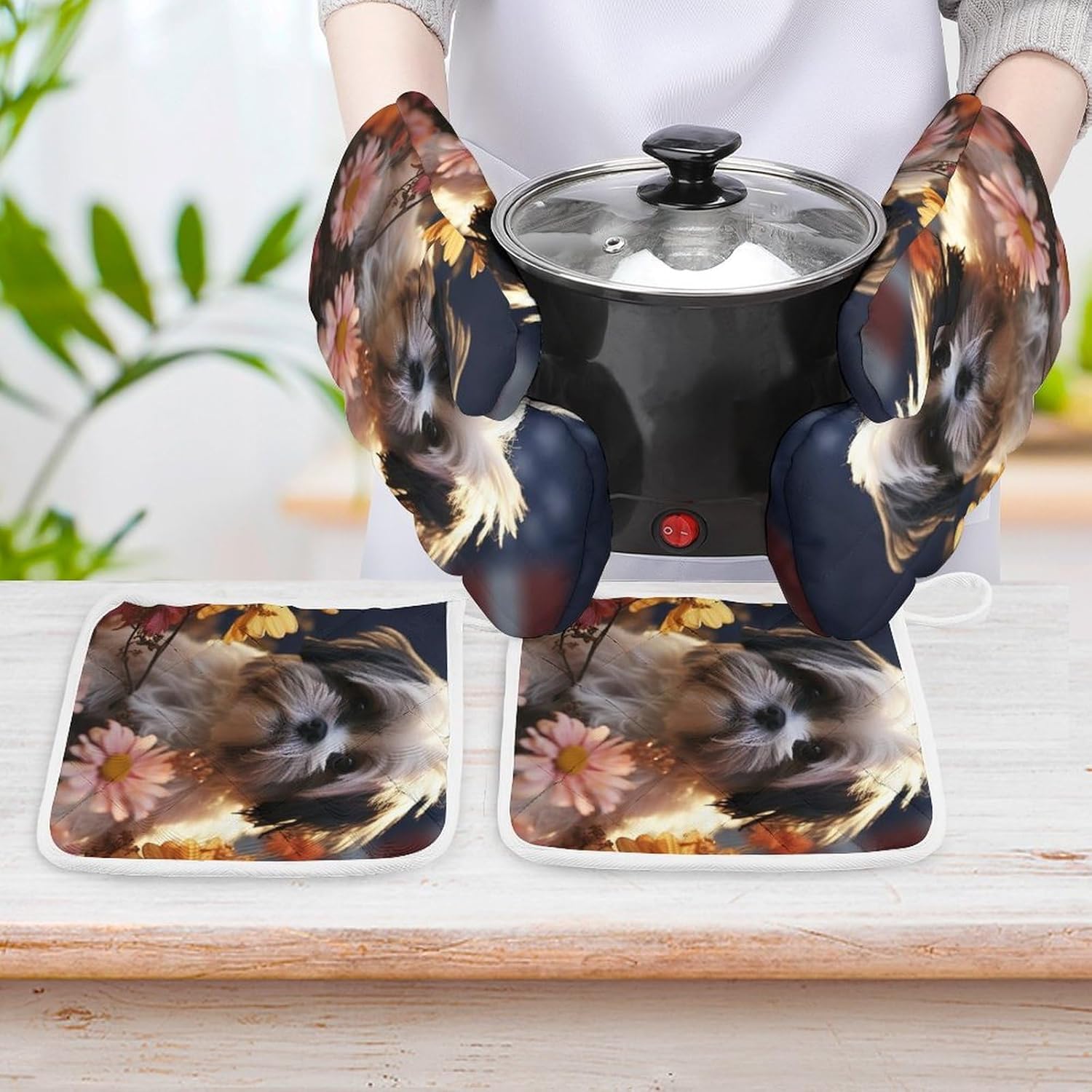 4-Piece Oven Mitts and Pot Holders Set Shih Tzu Dog and Flowers Printed Heat-Resistant Polyester Kitchen Gloves and Potholders Comfortable & Durable for Cooking Baking and Grilling