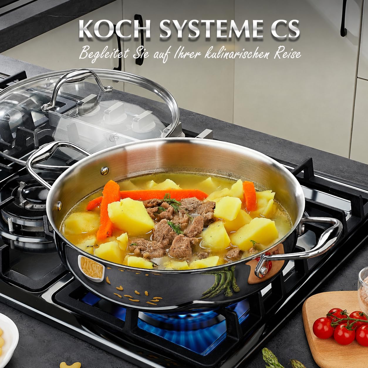 KOCH SYSTEME CS Edelstahl-Sauteuse mit Deckel 30 cm, tiefe Bratpfanne mit 3-Lagige Edelstahlpfanne, 18/10 Edelstahl-Kochfläche, zwei Griffe, induktionsgeeignet, backofen- und spülmaschinengeeignet