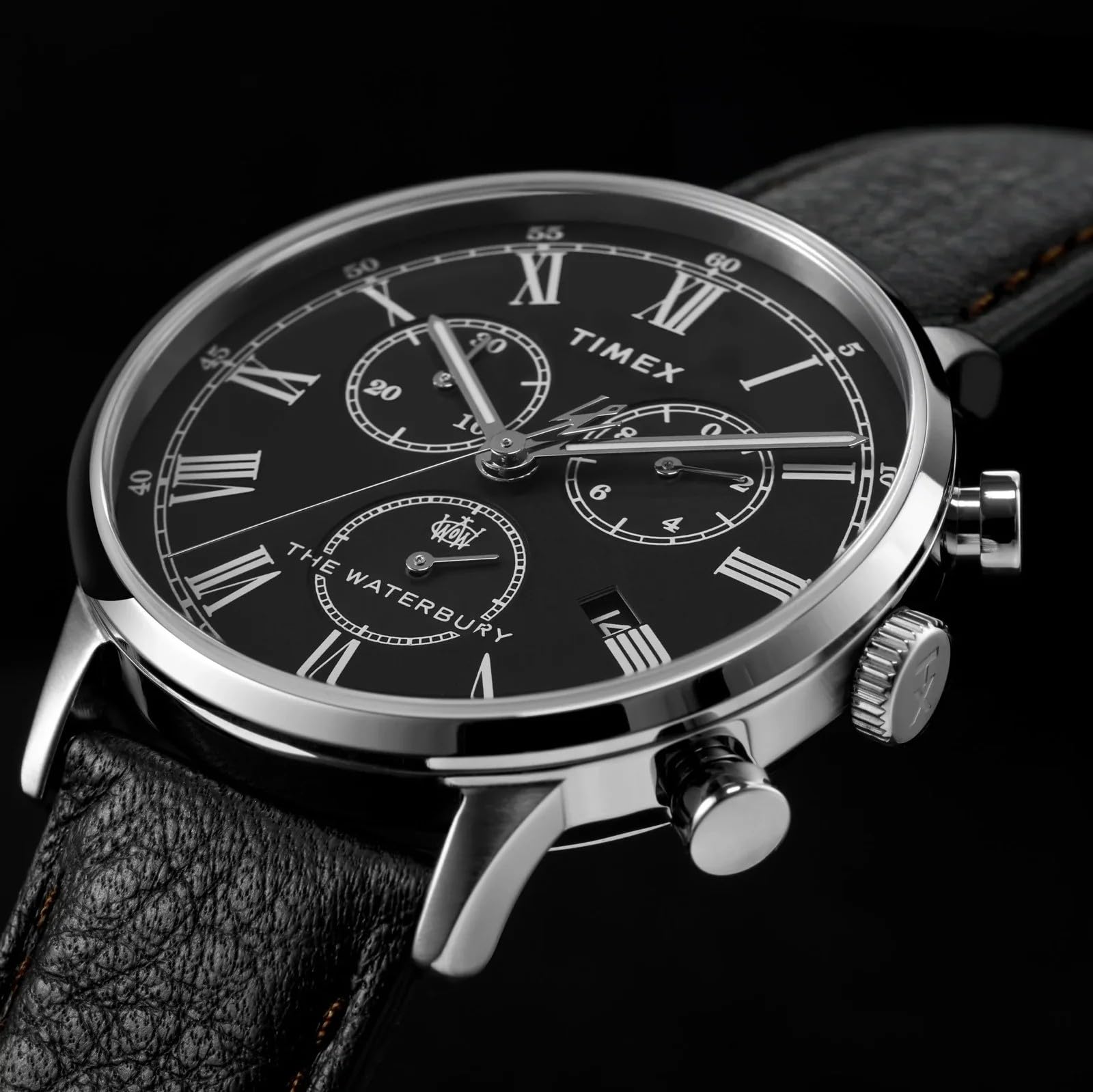 Timex Waterbury Tw2U88300 Zegarek Męski, 40 mm, Czarny Skórzany Pasek, Czarna Tarcza i Koperta ze Stali Nierdzewnej