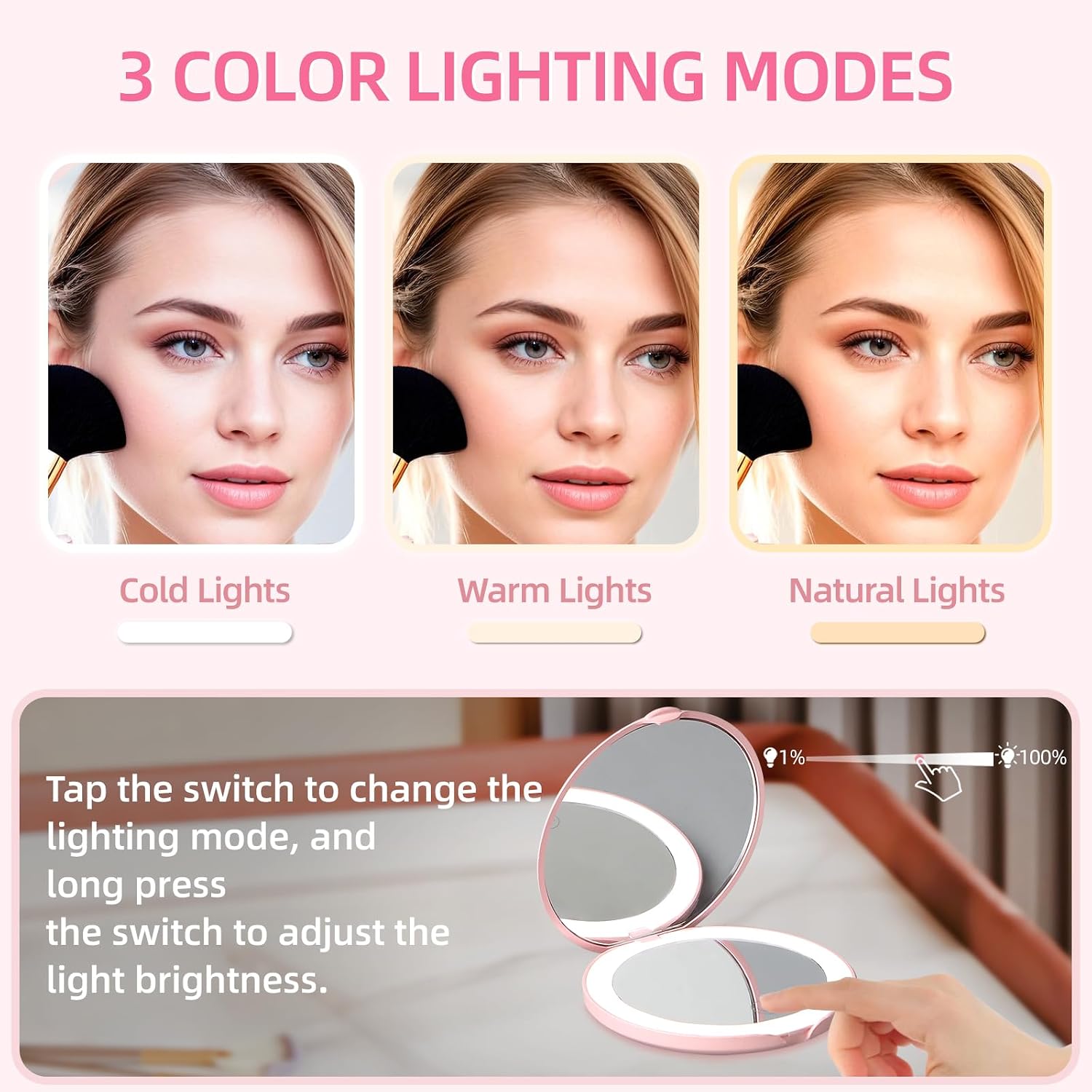 Compact Mirror with Light, Dimmable Pocket Mirror, Rechargeable Mini Mirror for Purse, Pocket, Travel and Present, Folding, Handheld, 2-Sided, Round