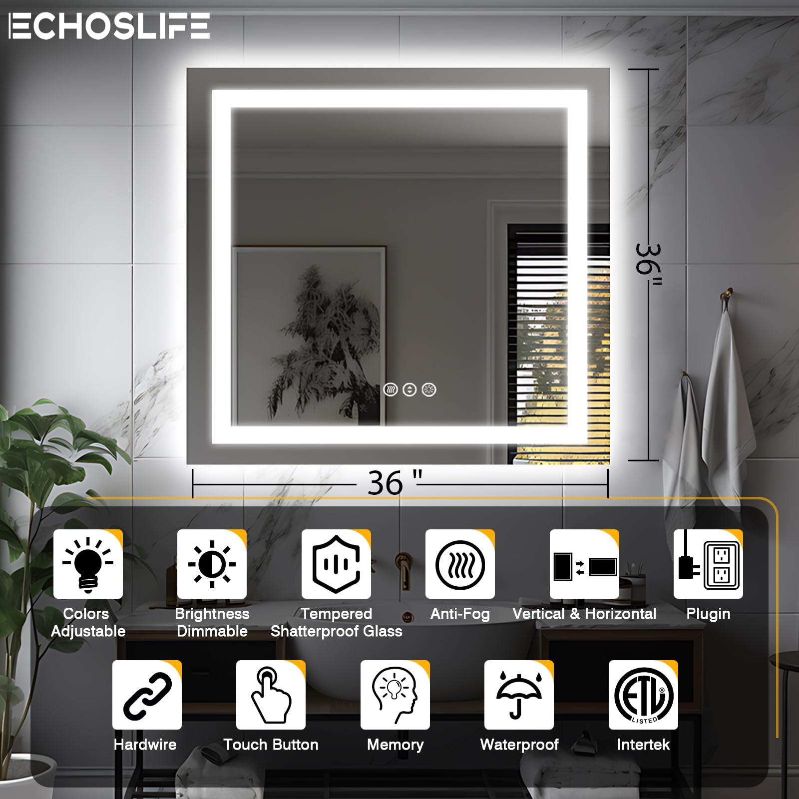 EchosLife 91,4 x 91,4 cm quadratischer LED-Badezimmerspiegel (vorne und hinterleuchtet), beschlagfreier Kosmetikspiegel mit Lichtern, stufenlos, 3 Farben, dimmbar, intelligenter beleuchteter Spiegel