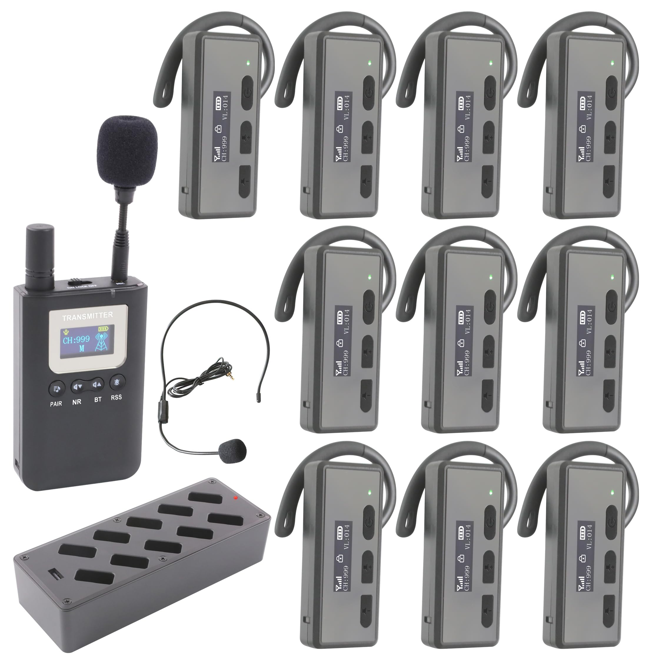 LOUKIENE Wireless Tour Guide System, Tour Guide Microphone and Speaker Tour Guide Headsets 328ft Range, Bluetooth, 1 Transmitter 10 Wireless Headsets,
