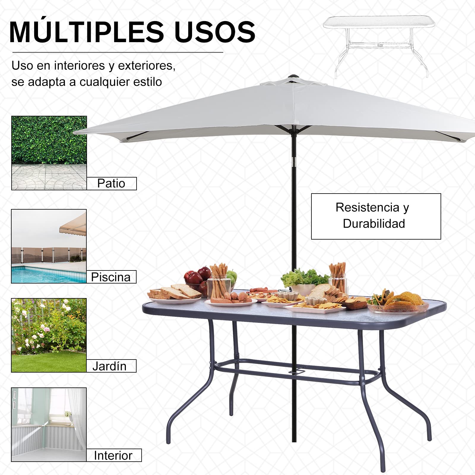 Outsunny Mesa de Jardín Exterior Rectangular de Metal Bordes Curvos con Orificio para Sombrilla Capacidad 70kg Vidrio Templado 140x80x70 cm Gris Carbón