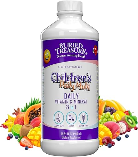 Miniatura 1 de Buried Treasure - Multivitamínico y minerales líquidos para niños 16 porciones sabor cítrico suplemento nutricional vegano dietético para niños sin