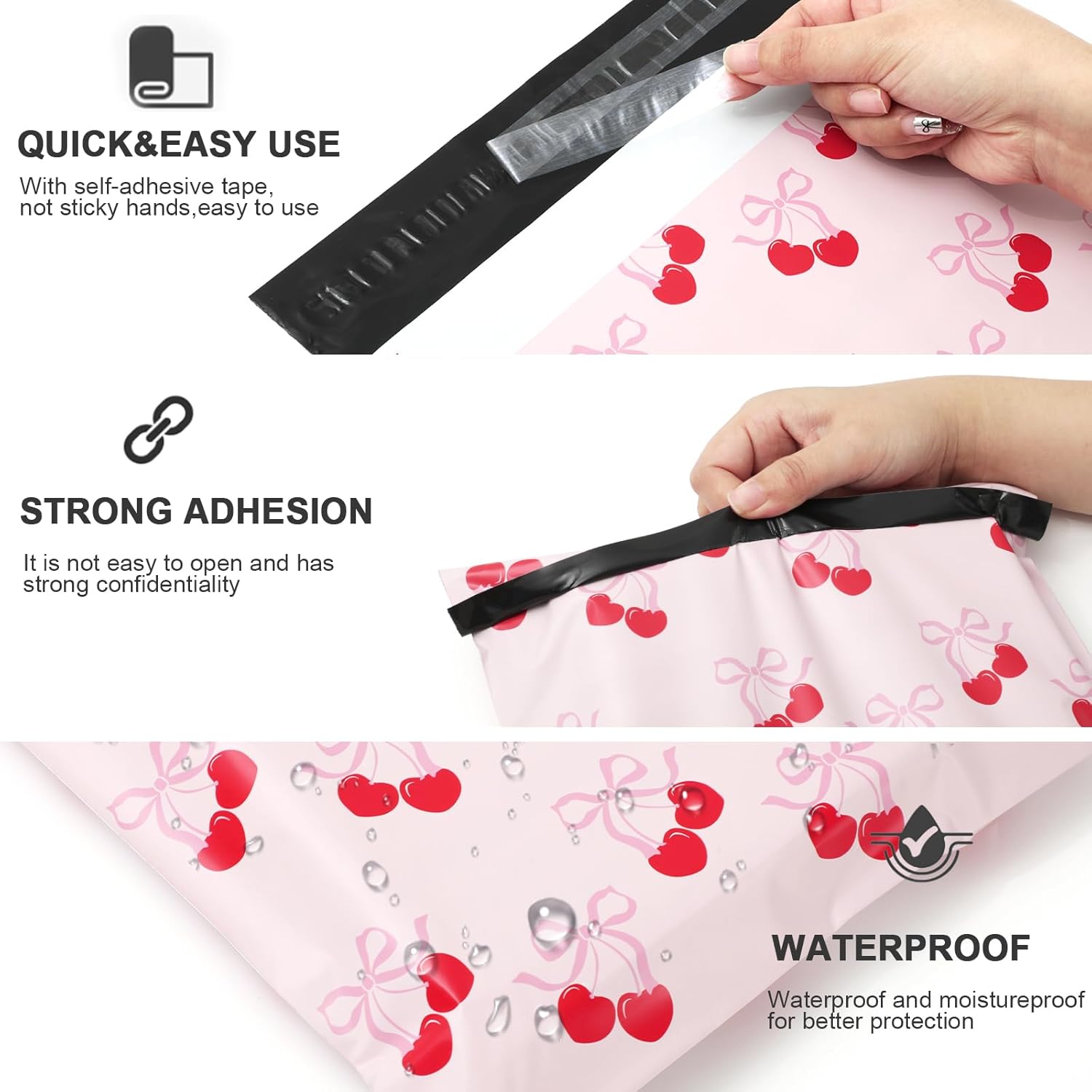 Whaline 100Pcs Cherry Poly Mailer 10 x 13 Inch Pink Bow Fruit Mailing Bag Valentine Cute Self-Sealing Plastic Packaging Envelope Bag for Small Business