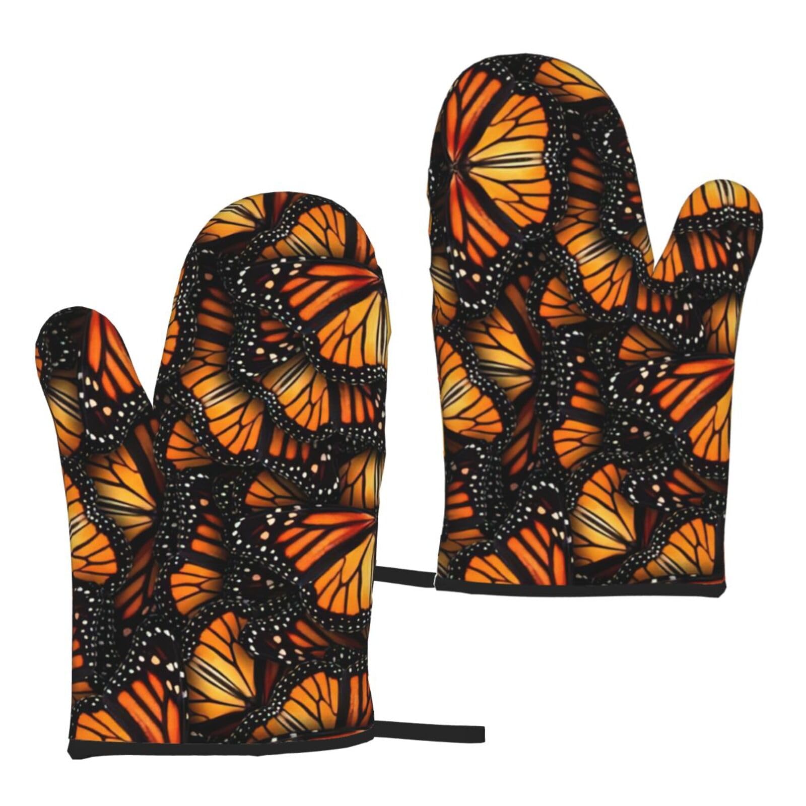 Heaps Of Orange Monarch Butterflies Print Heat Resistant Universal Fit Oven Microwave Gloves Home Cooking Baking Grilling