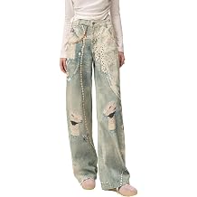 Women's Embroidered Distressed Denim Pants, Wide Leg High Waist Baggy Jeans with Beaded Chains